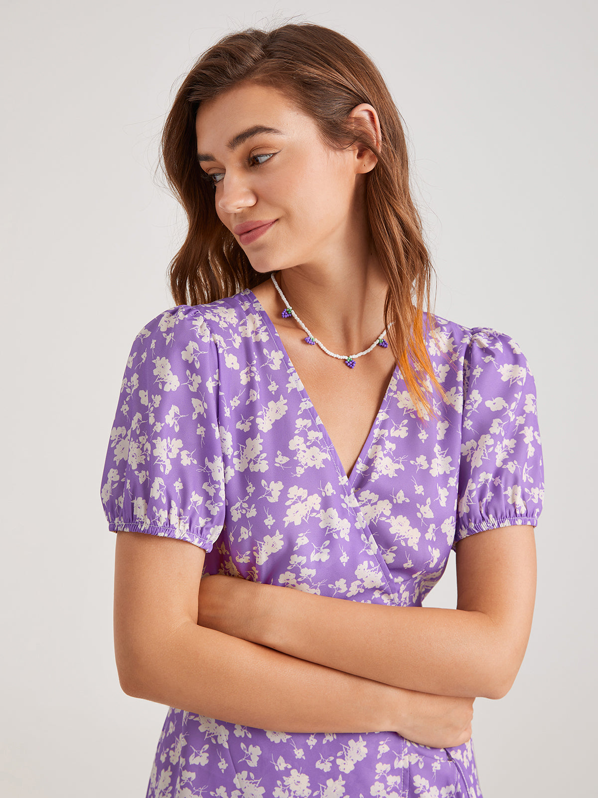 Thecomense - Mauve Sweetheart Floral Ruffle Side Tie Dress