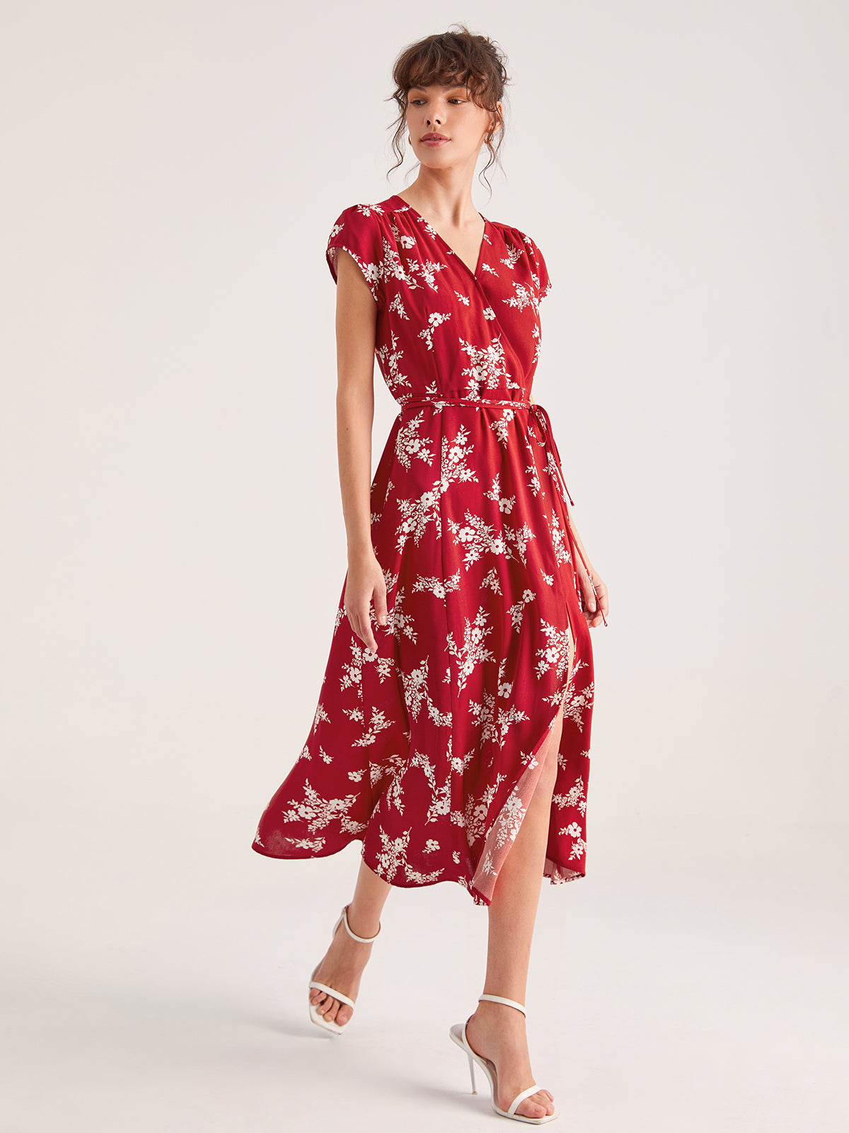 Thecomense - Ruby Balloon Floral Wrap Tie Front Midi Dress