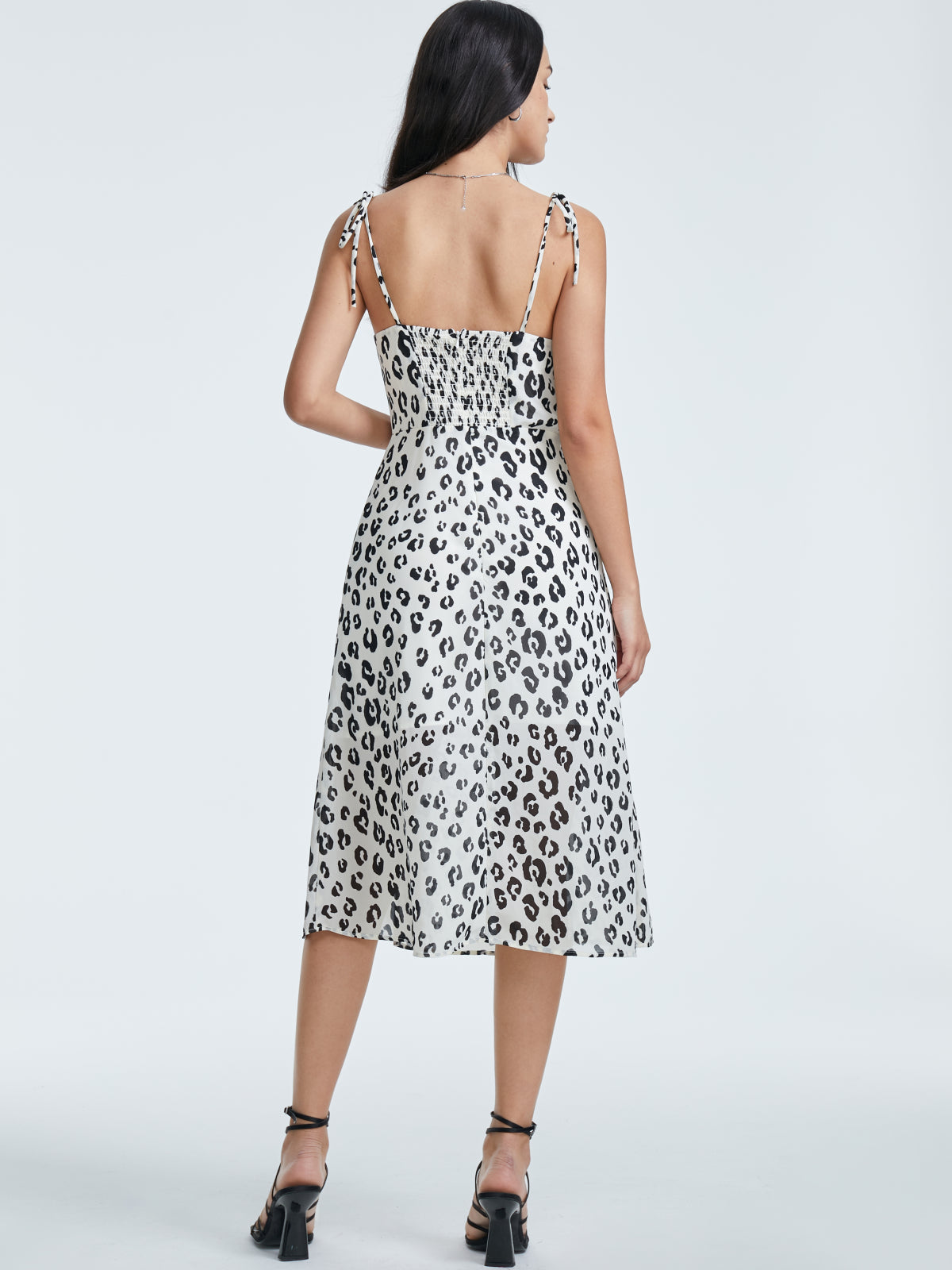 Thecomense - Square Neck Leopard Print Midi Strap Slit Dress