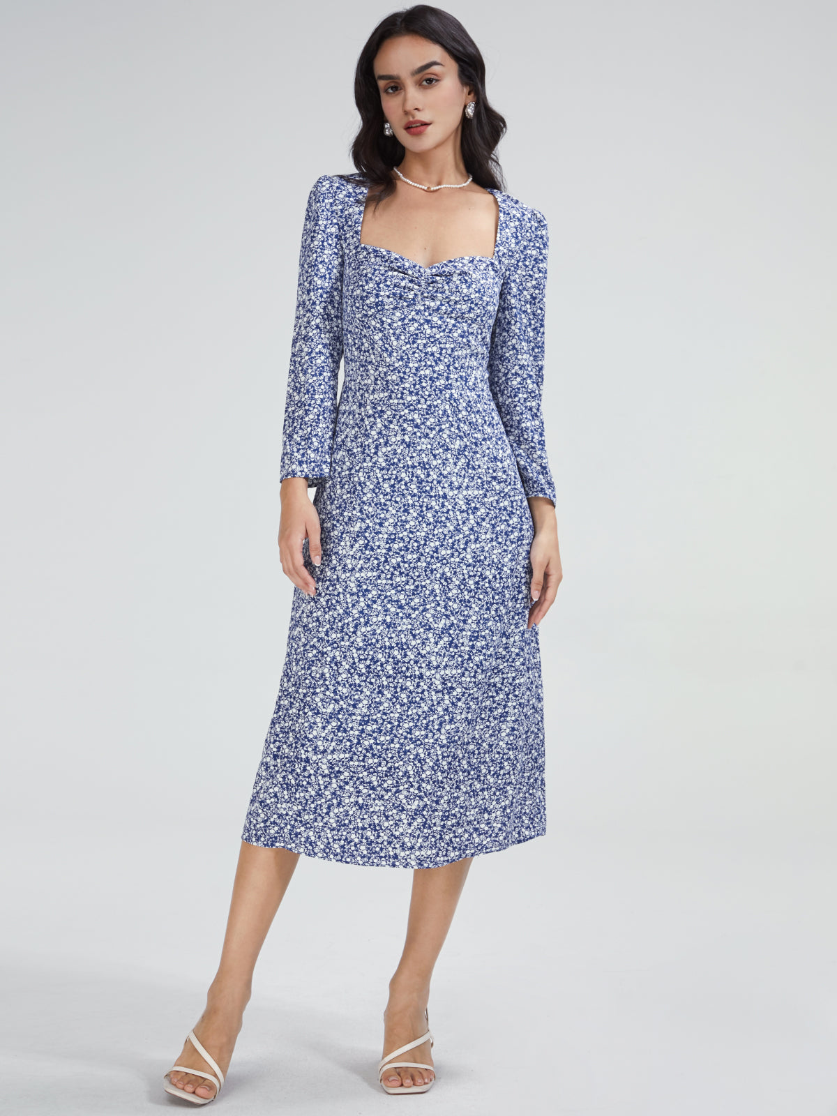 Thecomense - Square Neck Long Sleeve Flare A Line Midi Dress