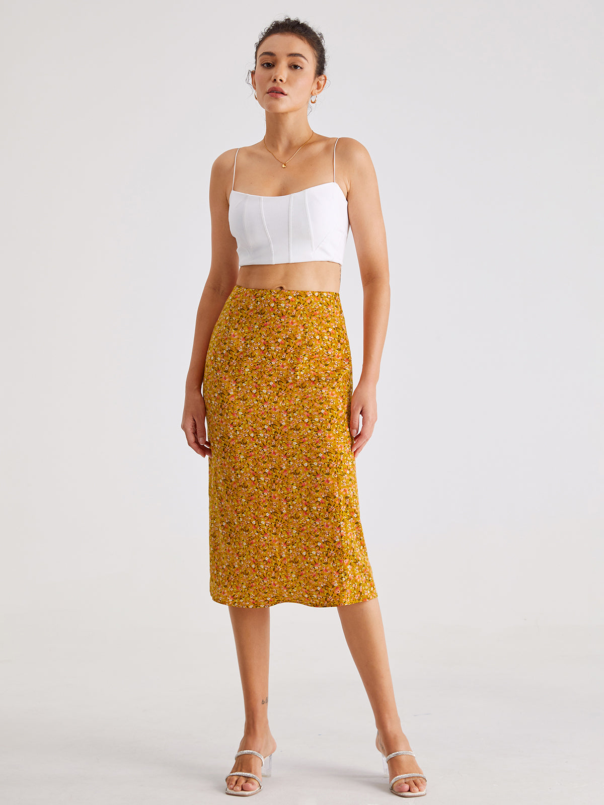 Thecomense - High Waisted Floral Mosaic Midi Skirt