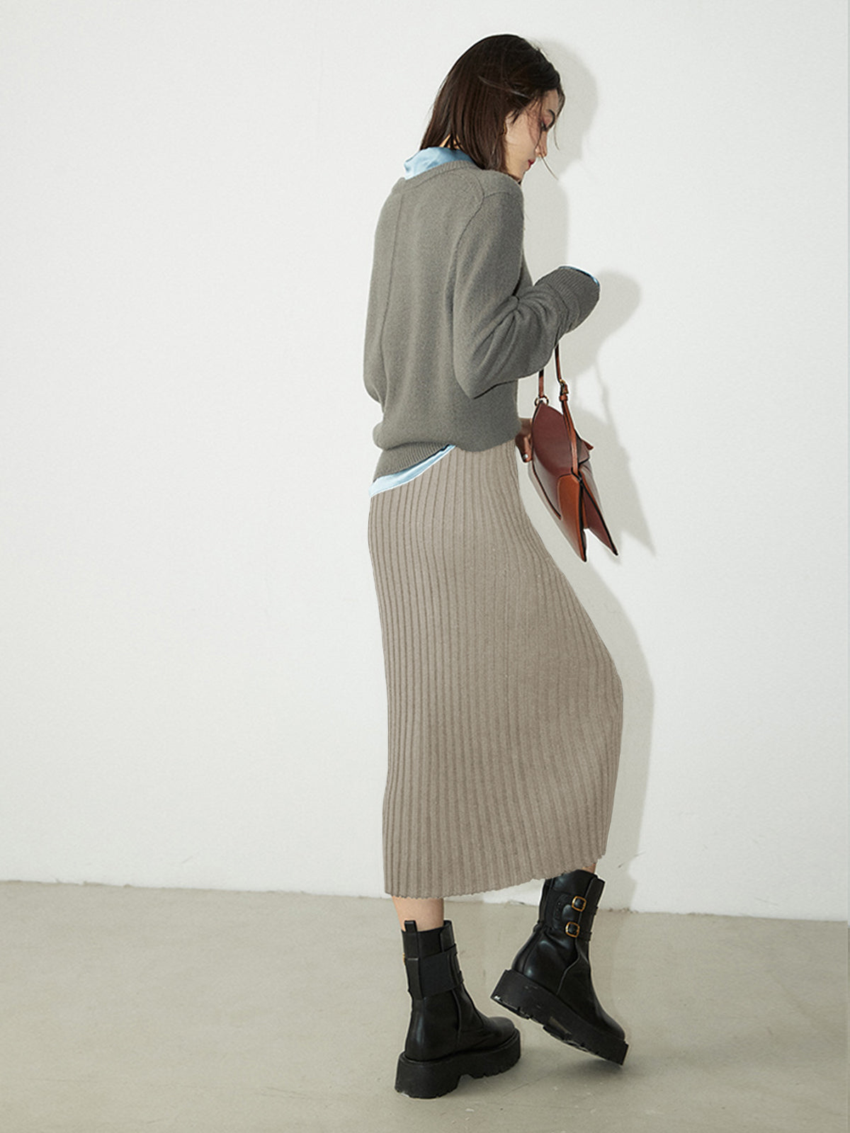 Thecomense - Ribbed Long Knitted Skirt with Slit