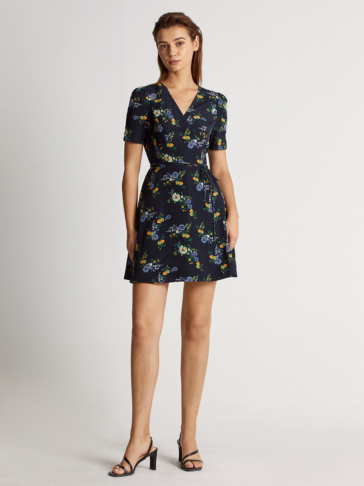 Thecomense - Dark Floral Bloom Short Sleeve V-Neck Mini Wrap Dress