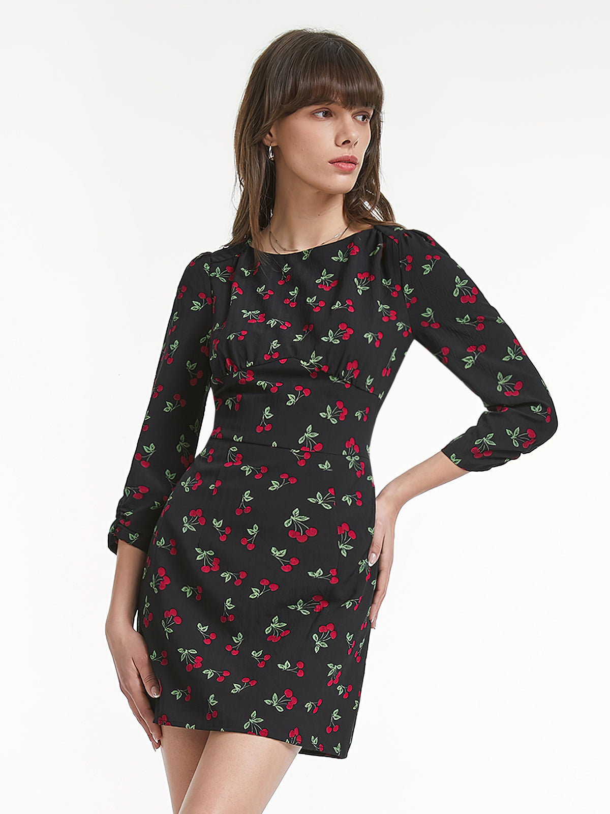 Thecomense - Long Sleeve Round Neck Very Cherry Mini Dress