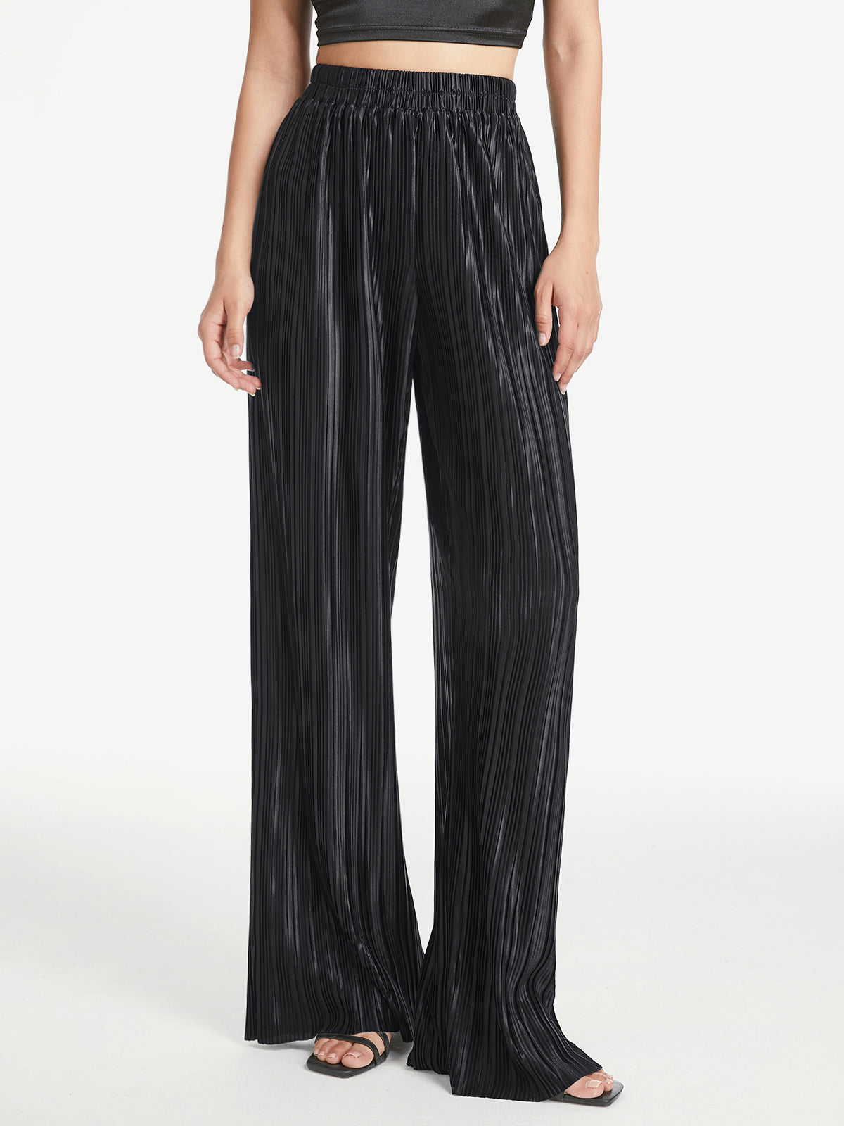 Thecomense - High Waisted Shimmer Pleated Palazzo Pants