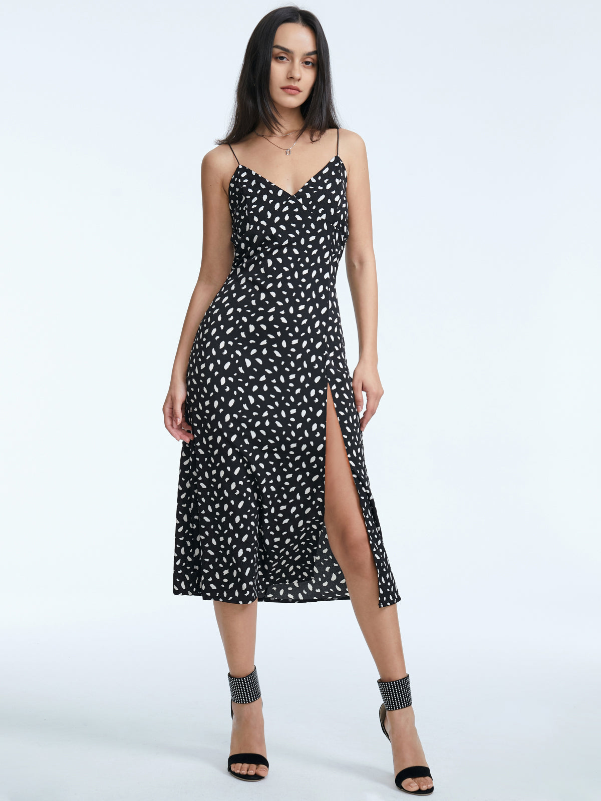 Thecomense - Sweetheart Contrast Print Slit Strap Midi Dress
