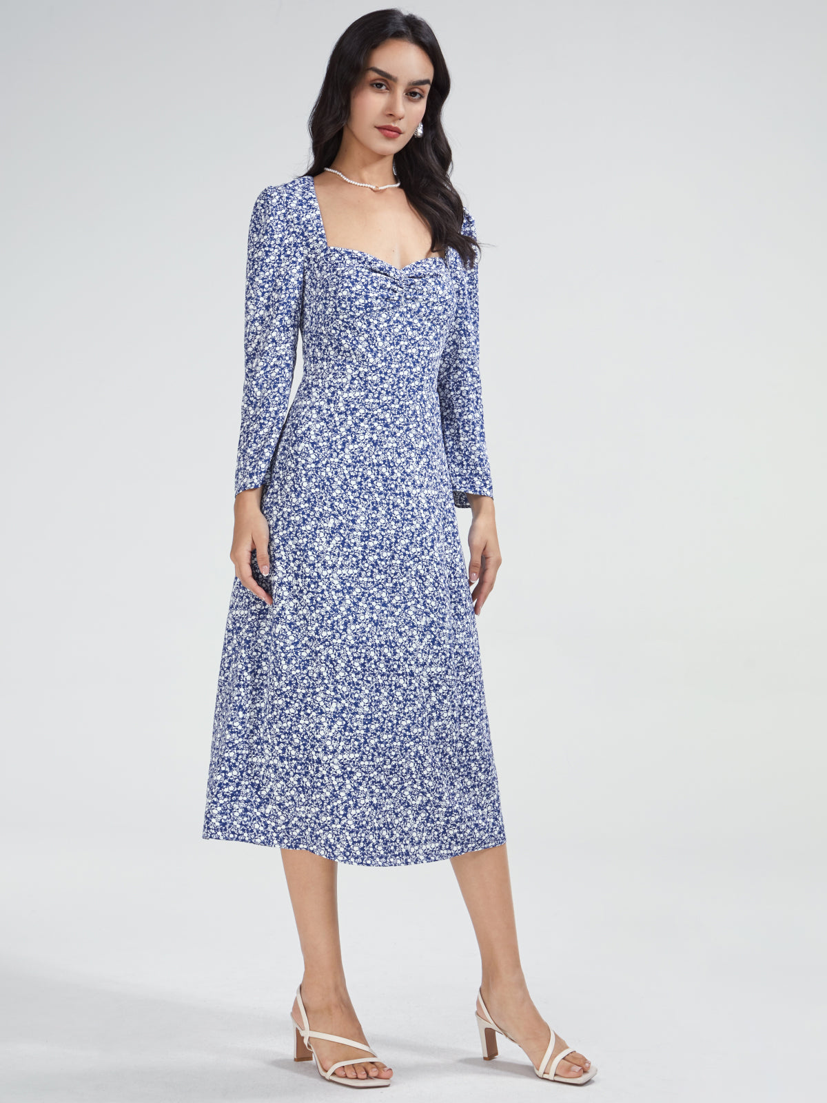 Thecomense - Square Neck Long Sleeve Flare A Line Midi Dress