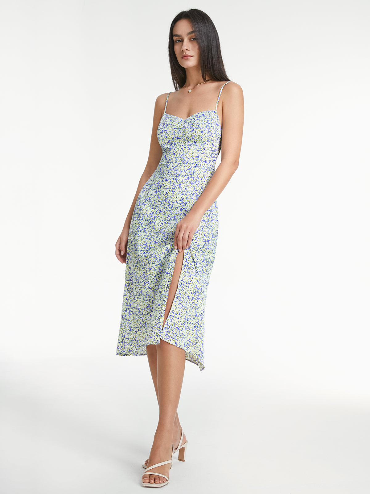 Thecomense - Sweetheart Light Floral Strap Slit Midi Dress