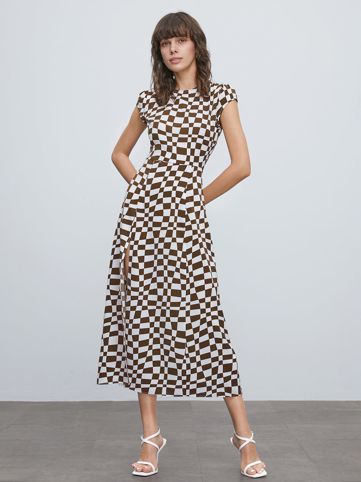 Thecomense - Geometric Cap Sleeve Long Slit Dress