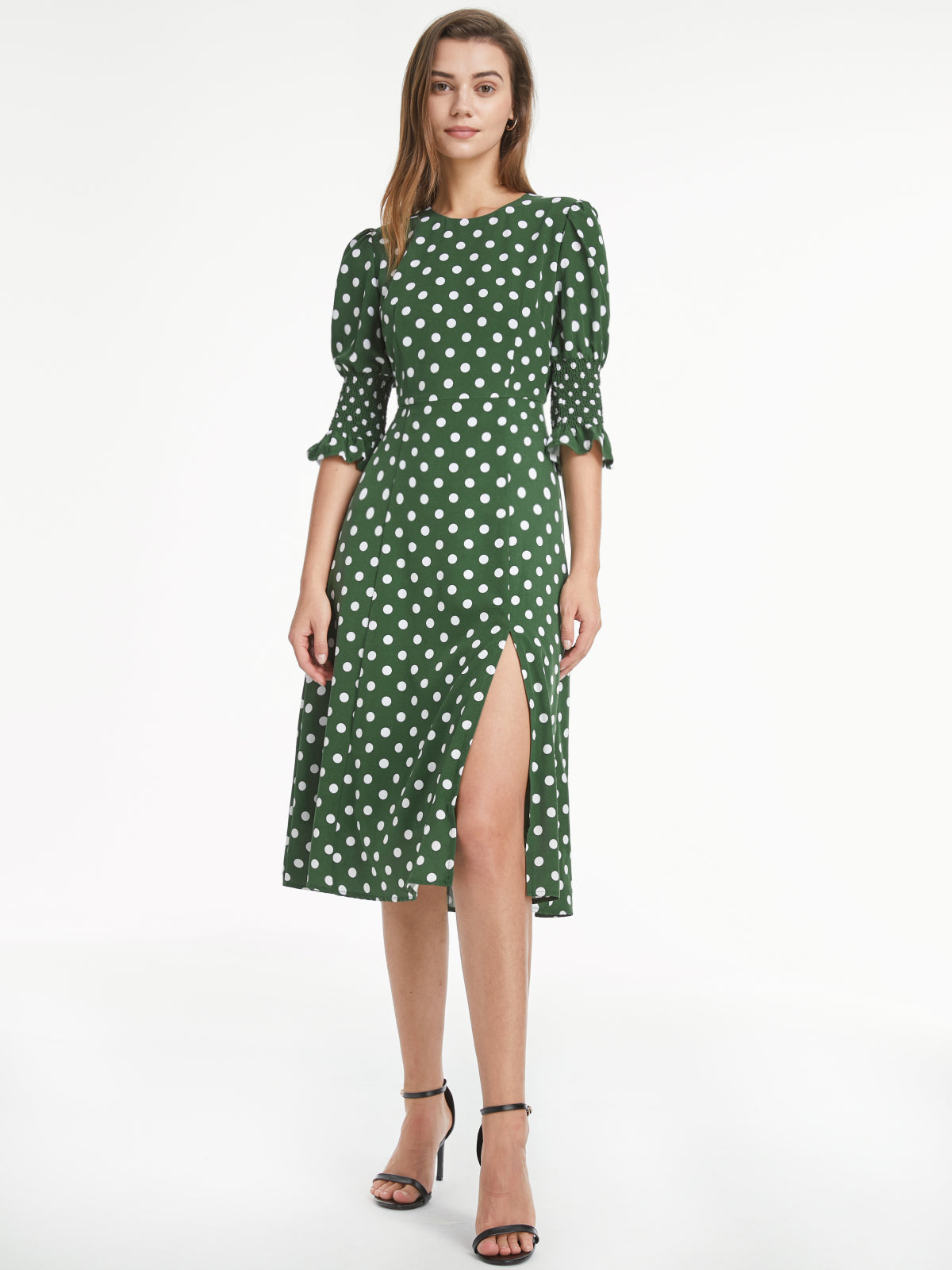 Thecomense - Short Puff Sleeve Straight Neck Polka Dot Slit Dress