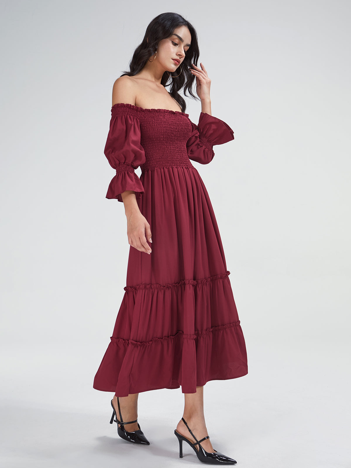 Thecomense - Off The Shoulder Long Puff Sleeve Layer Pleat Dress