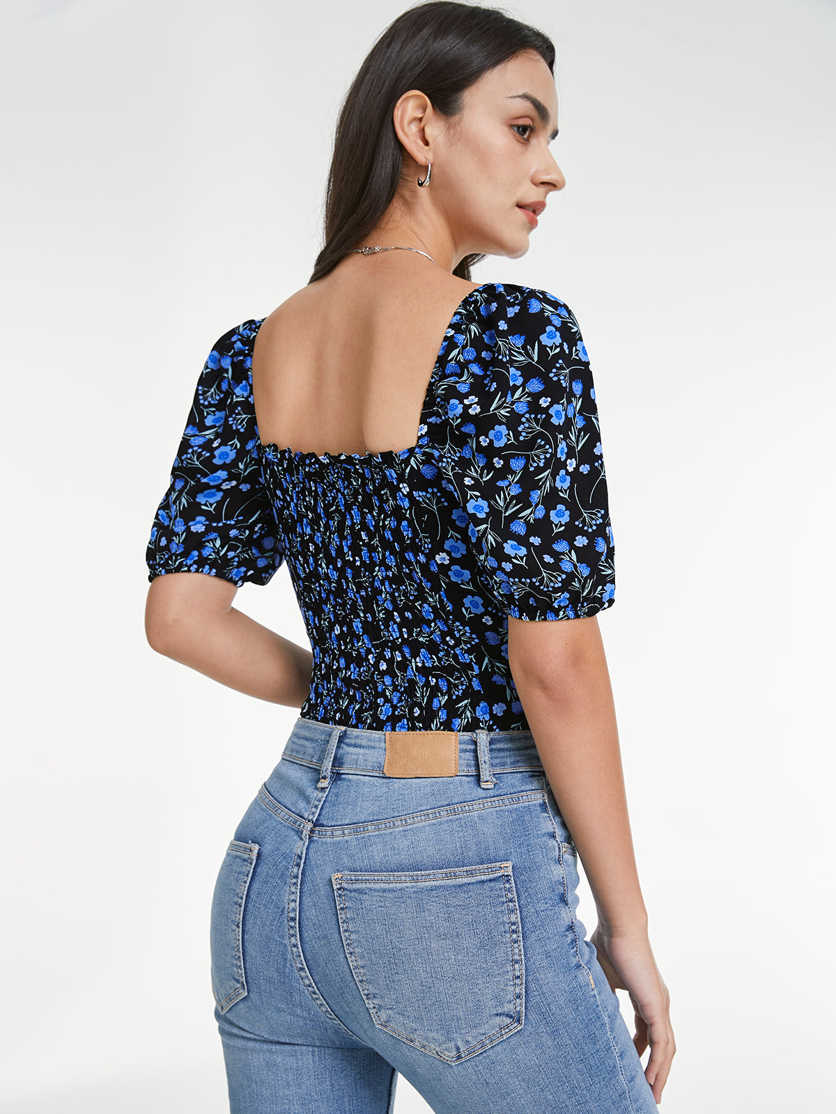 Thecomense - Square Neck Indigo Floral Short Puff Sleeve Top