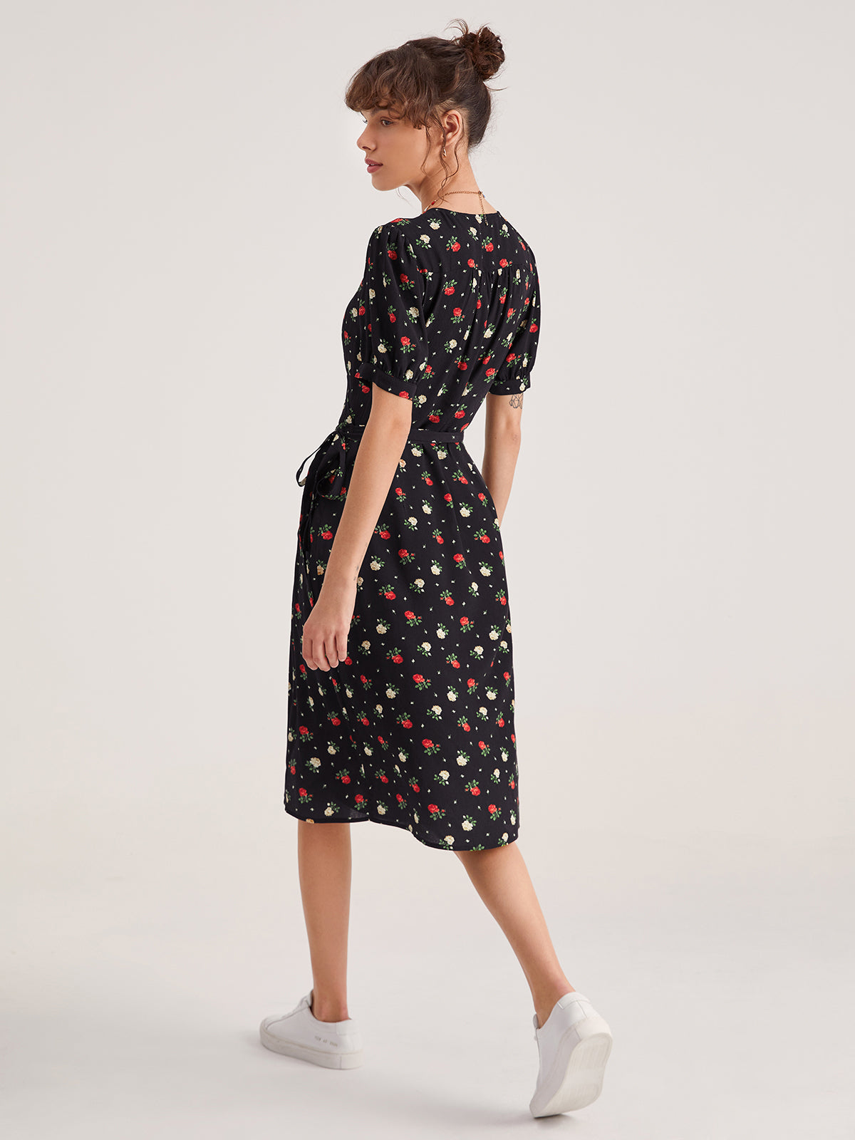 Thecomense - Floral Side Tie Thigh Split Midi Dress
