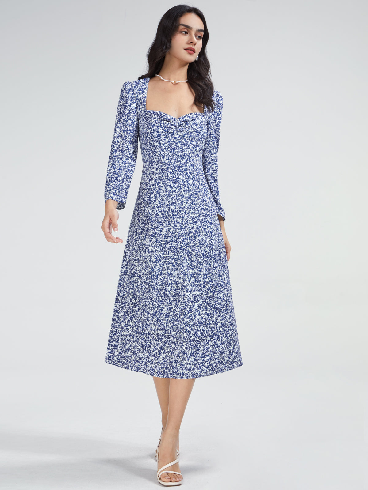Thecomense - Square Neck Long Sleeve Flare A Line Midi Dress