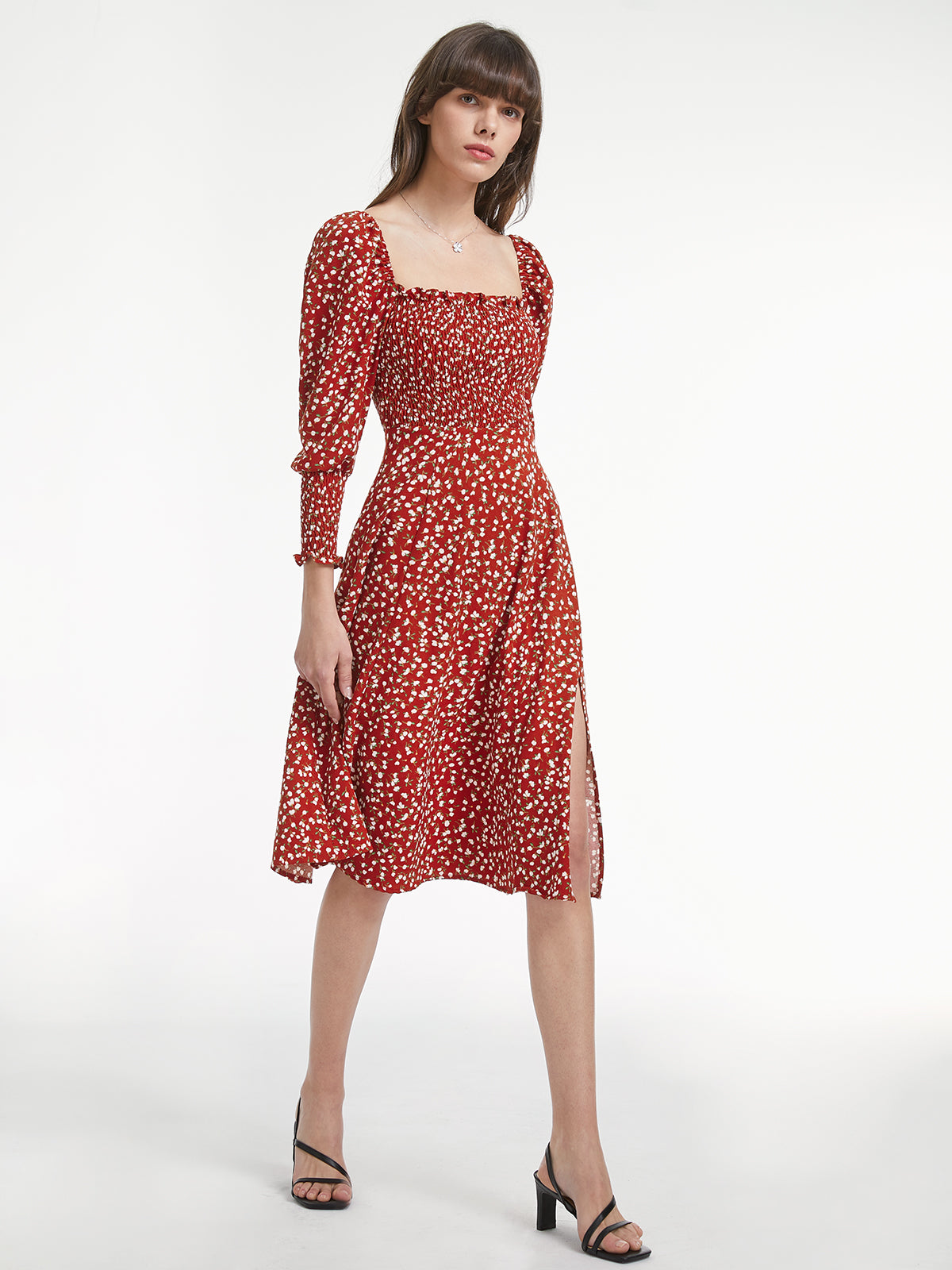 Thecomense - Long Puff Sleeve Square Neck Rosy Floral Ruche Dress