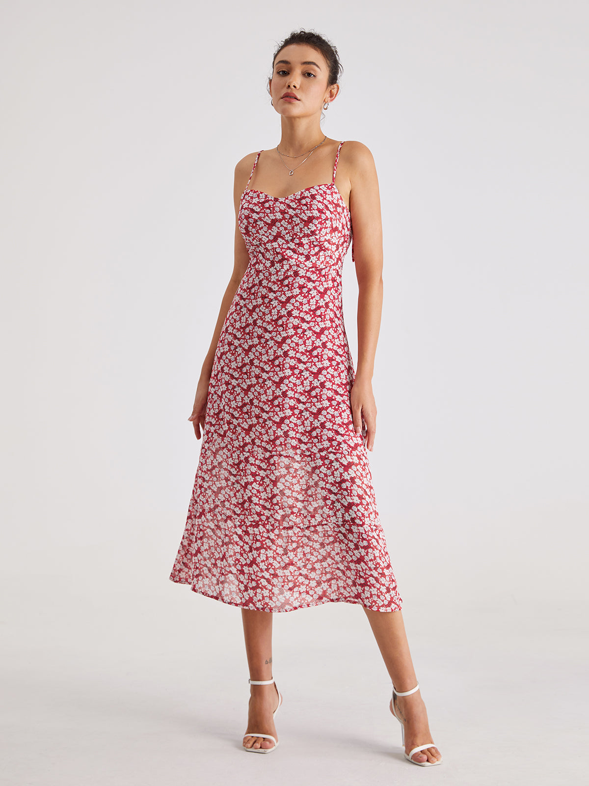 Thecomense - Sweetheart Floral Midi Strap Dress