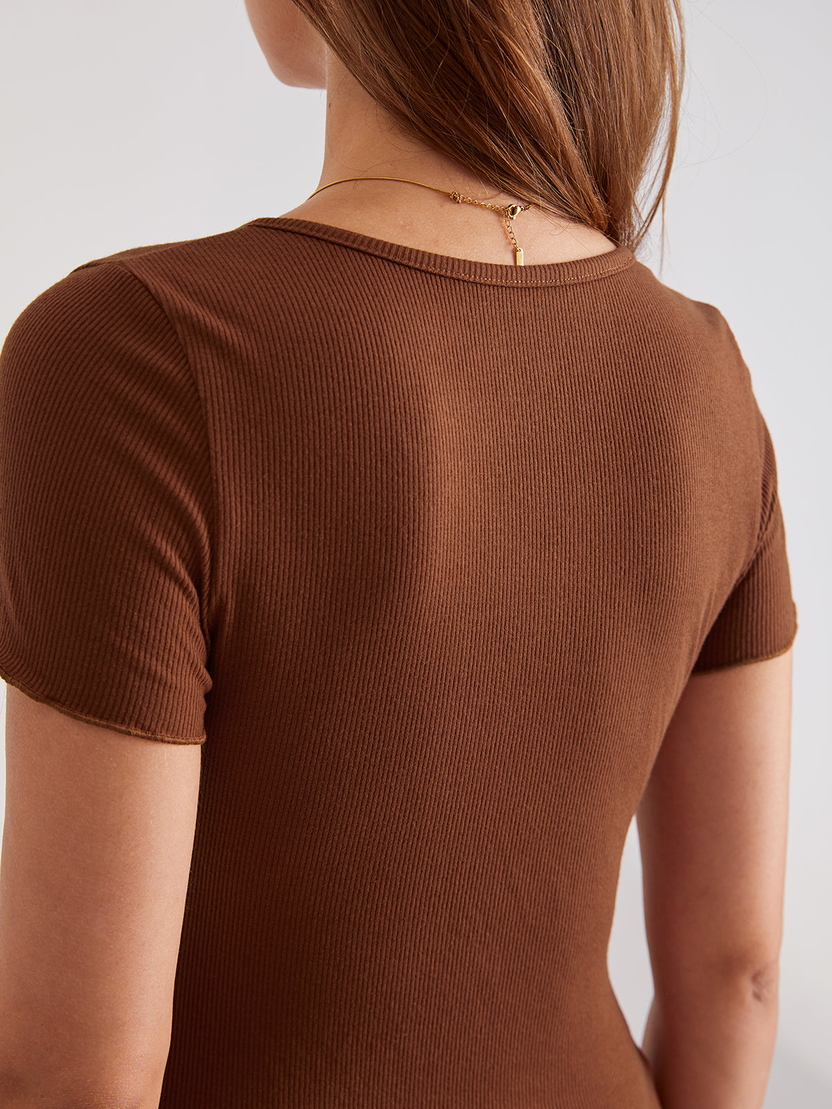 Thecomense - Rib Ruffle Hem Short Sleeve Top