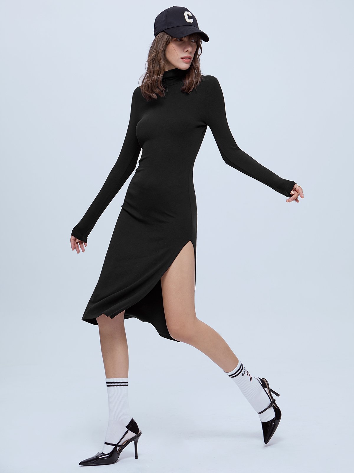 Thecomense - Long Sleeve Turtleneck Slit Sweater Dress