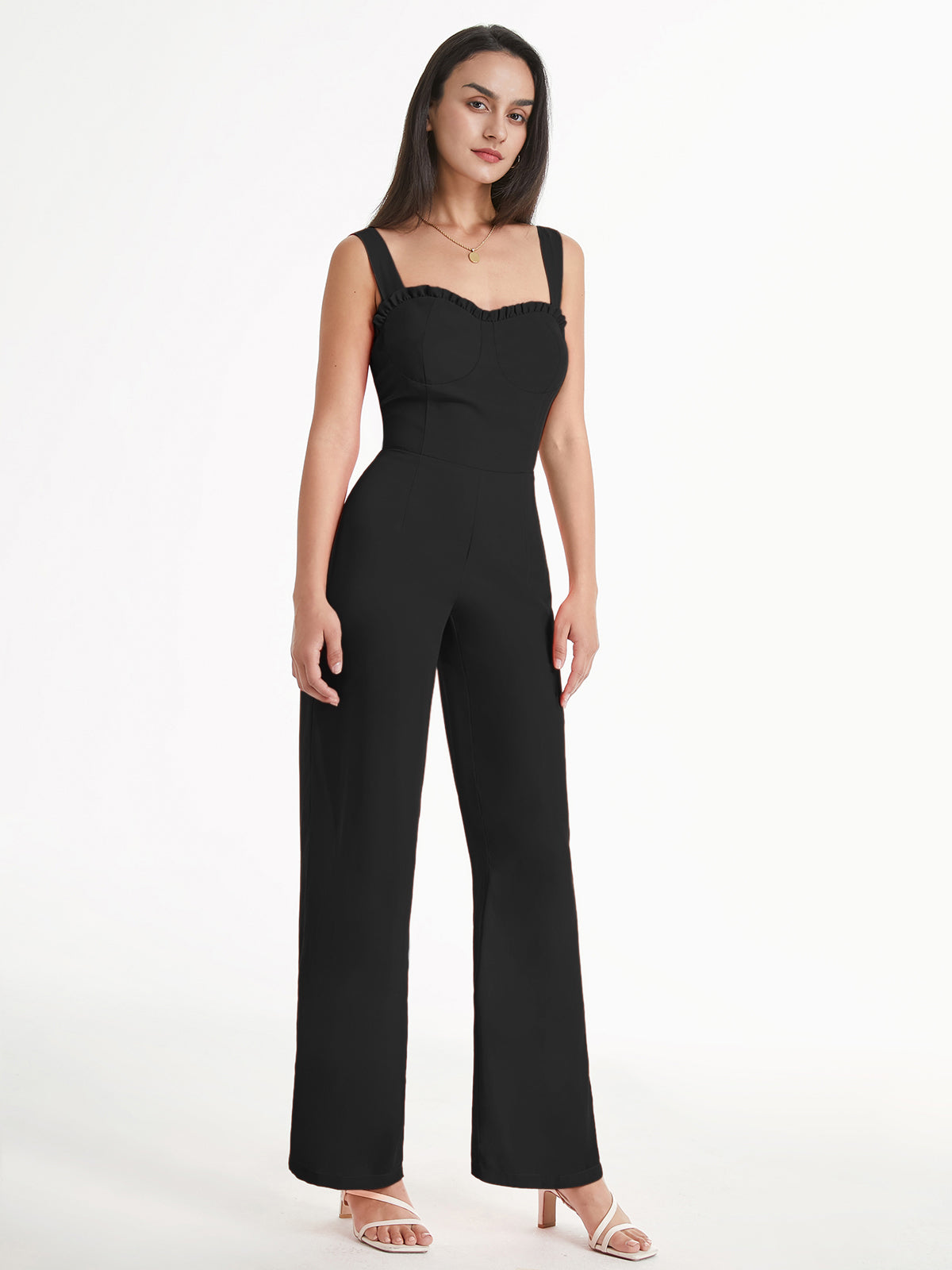 Thecomense - Sweetheart Ruffle Wide Tie Strap Flare Leg Jumpsuit