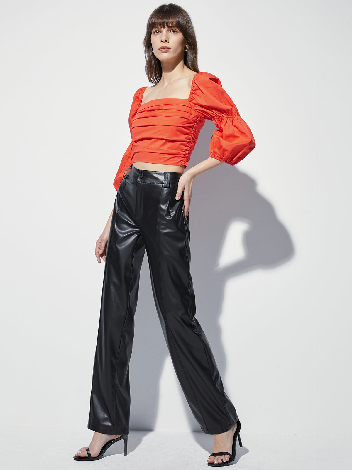 Thecomense - Square Neck Ruche Quarter Puff Sleeve Top