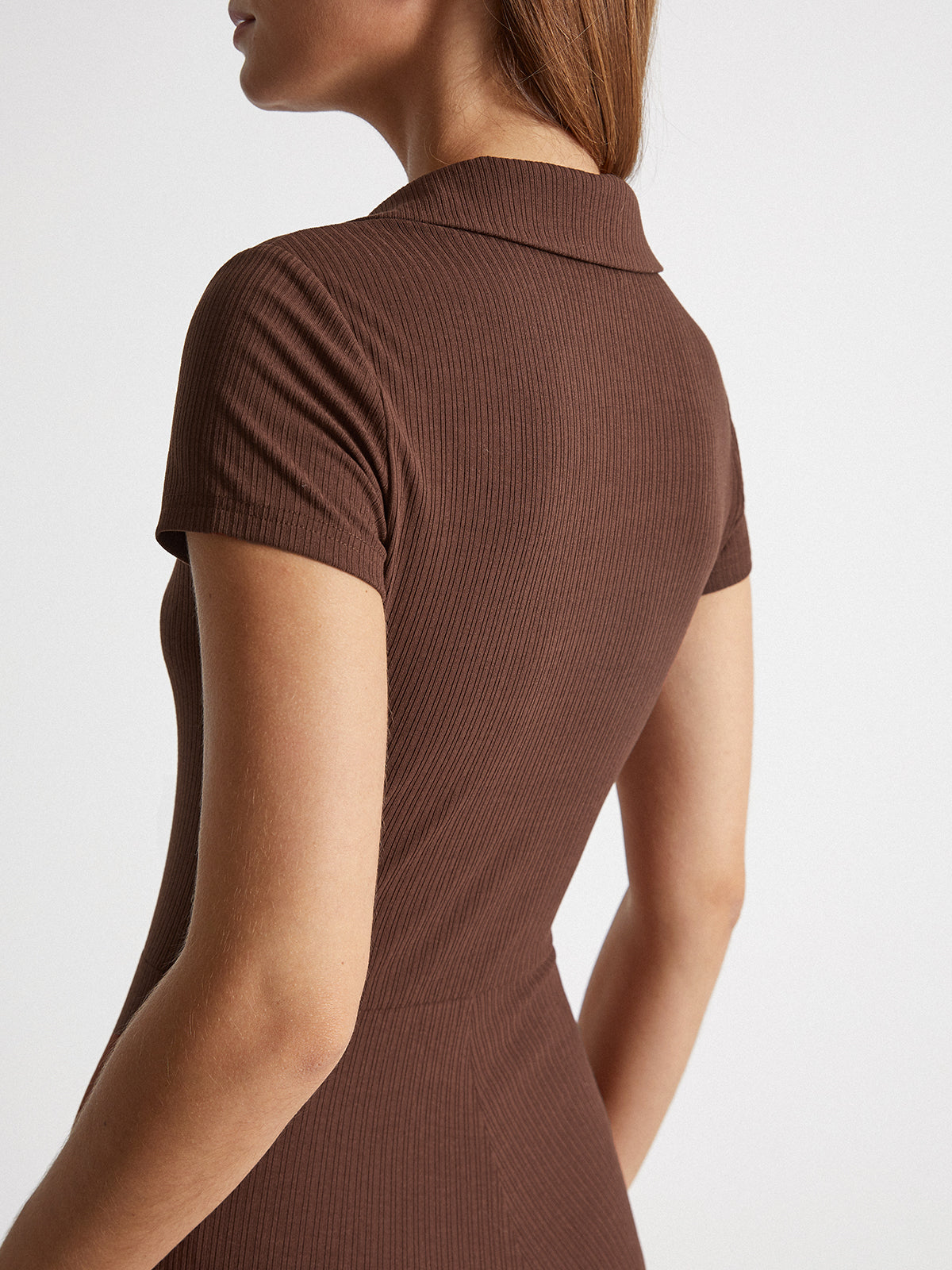 Thecomense - Short Sleeve Ribbed Button Front Collared Straight Leg Jumpsuit