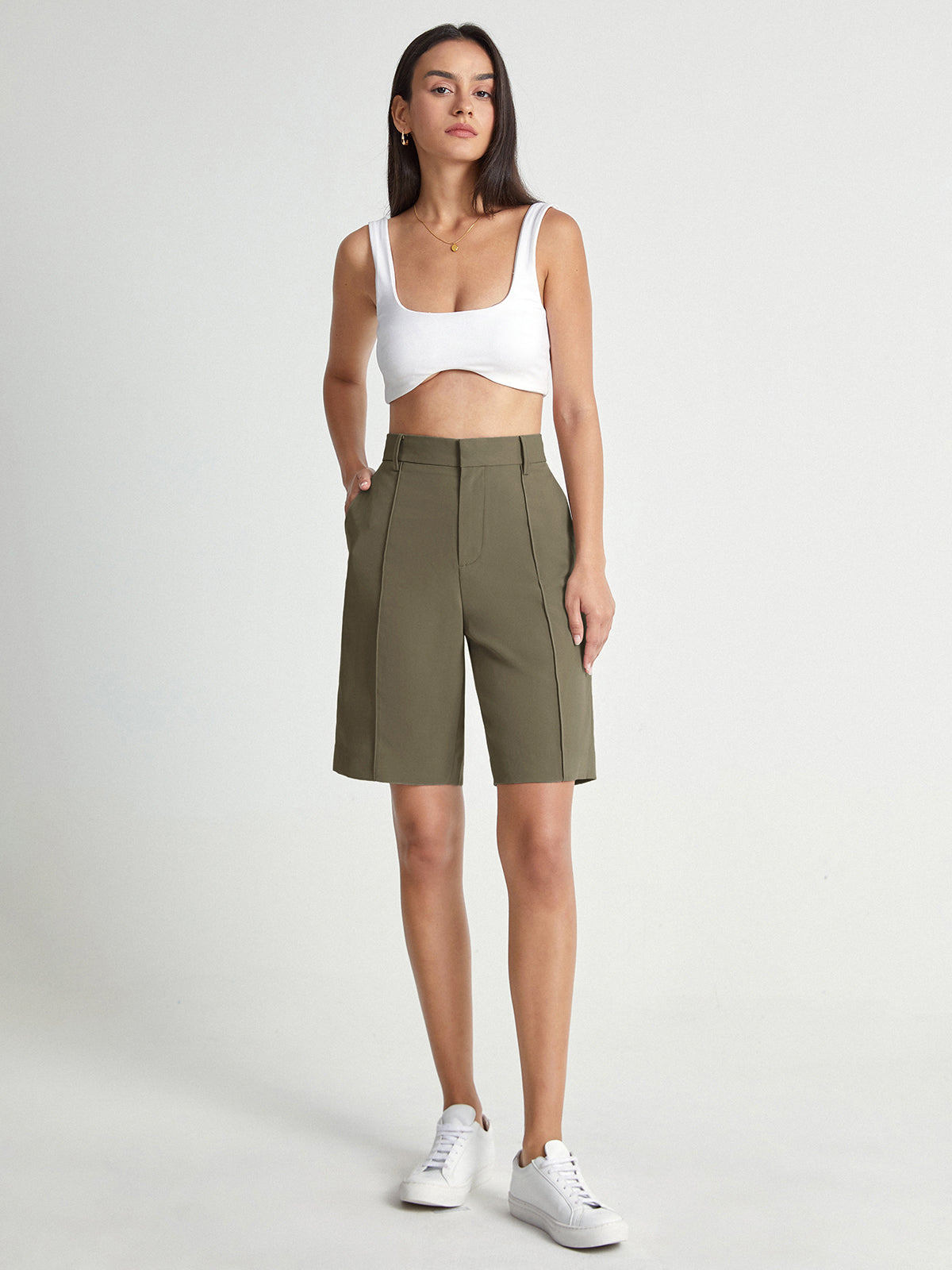 Thecomense - High Waisted Knee Length Trouser Shorts