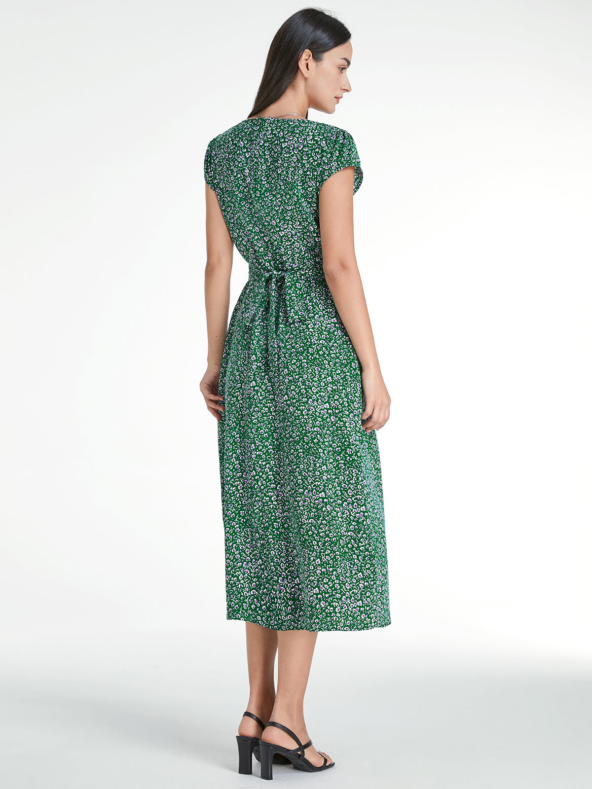 Thecomense - Cap Flutter Sleeve V-Neck Floral Tie Strap Dress