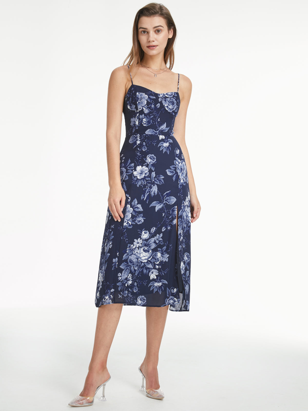 Thecomense - Sweetheart Aqua Floral Bloom Contour Strap Slit Dress