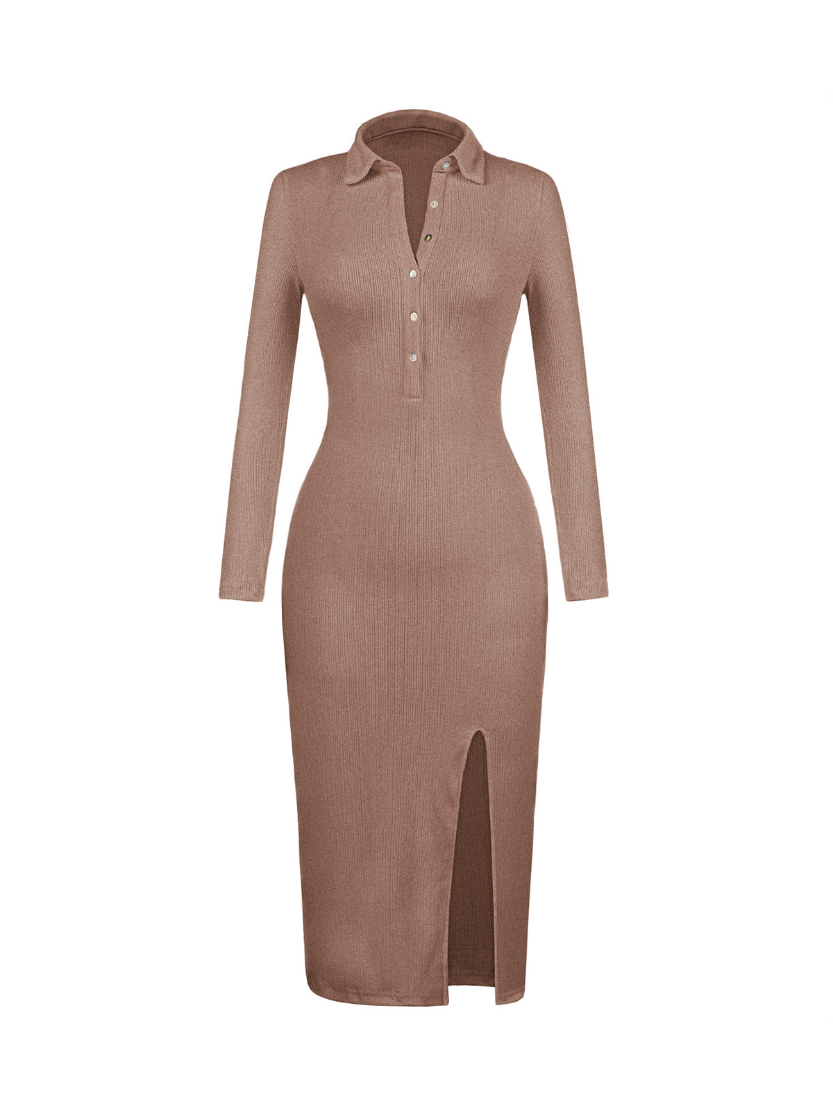 Thecomense - Long Sleeve Button-Front Midi Sweater Polo Dress