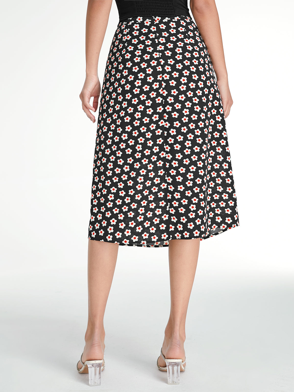 Thecomense - High Waisted Dark Floral Midi Skirt
