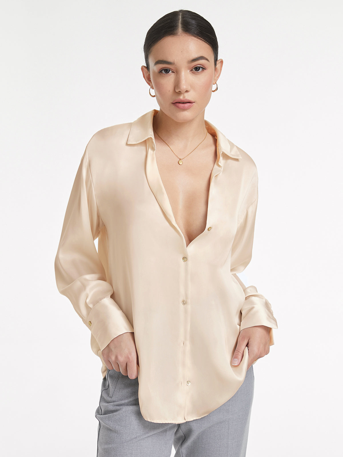 Thecomense - Relaxed Flowy Satin Button Up Shirt