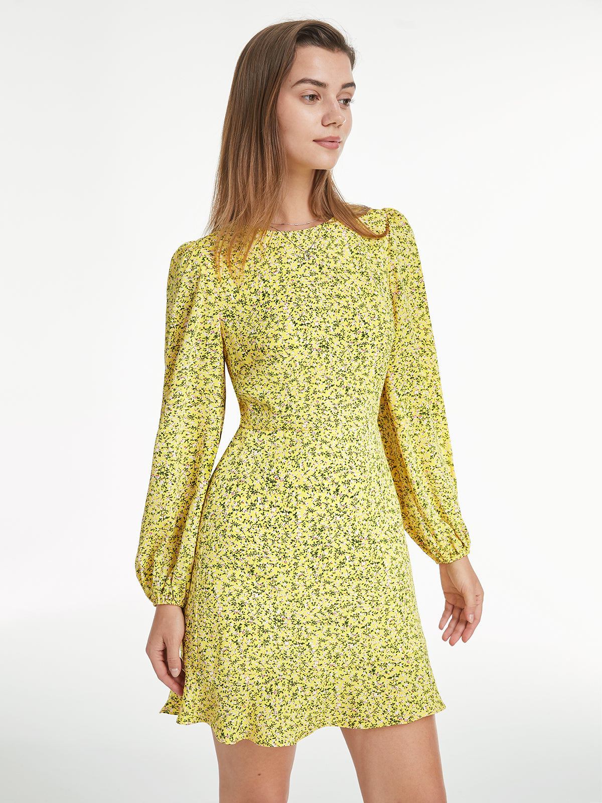 Thecomense - Long Puff Sleeve Straight Neck Back Cutout Floral Sun Dress
