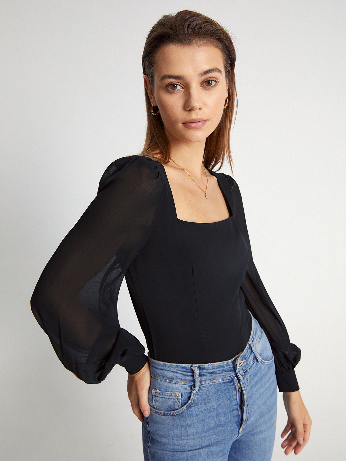 Thecomense - Mesh Puff Sleeve Square Neck Top