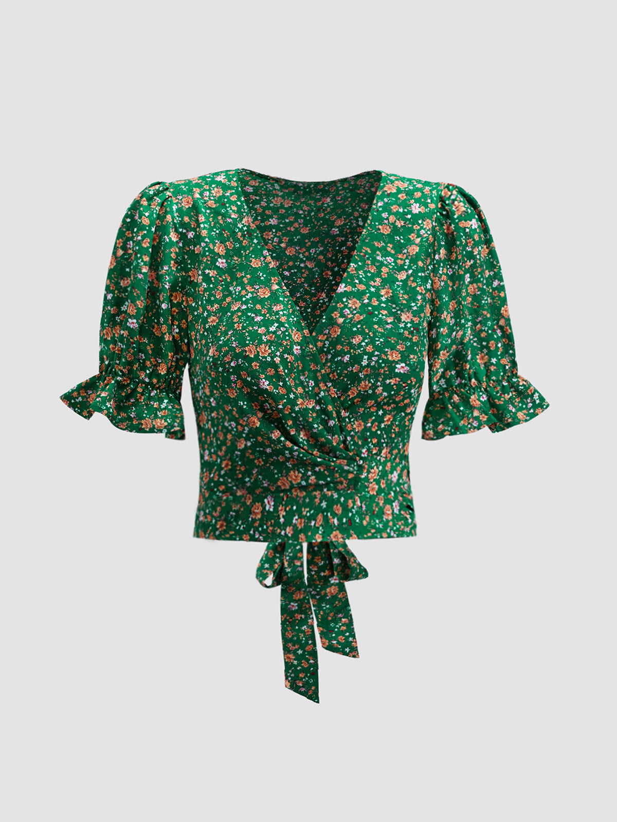 Thecomense - Short Puff Sleeve Floral Cropped Top