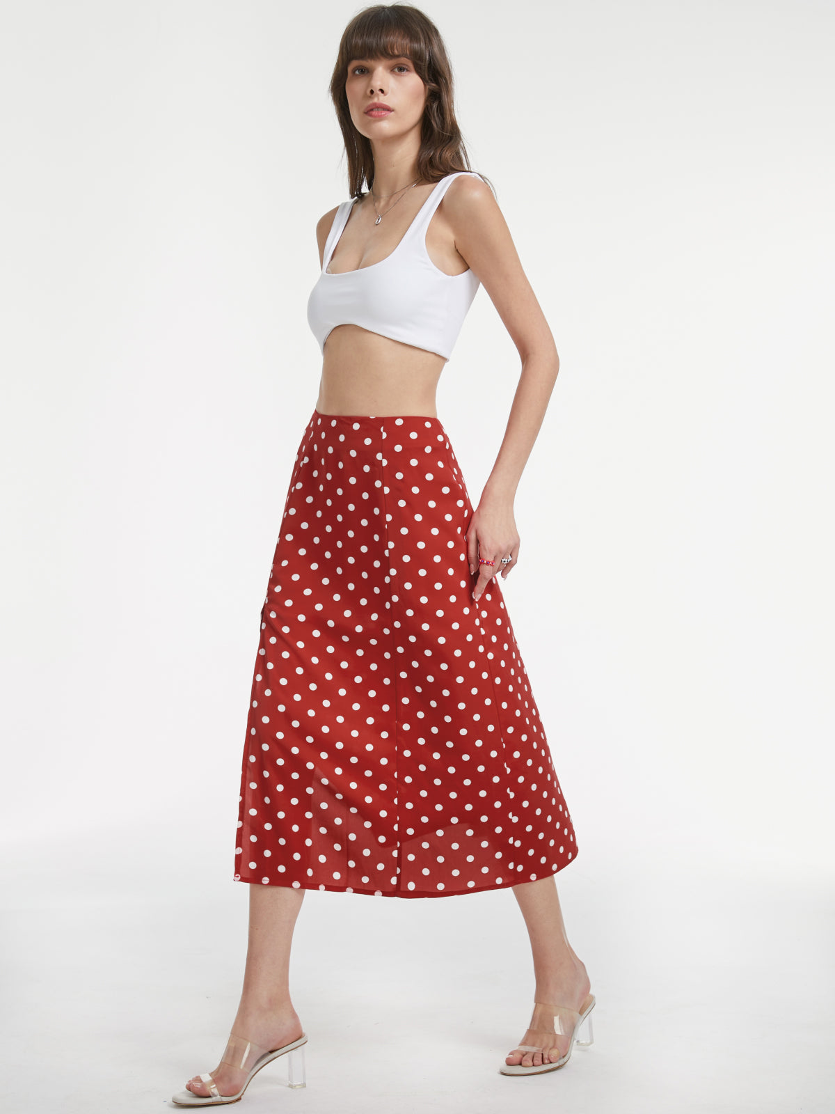 Thecomense - High Waisted Polka Dot Slit Midi Skirt