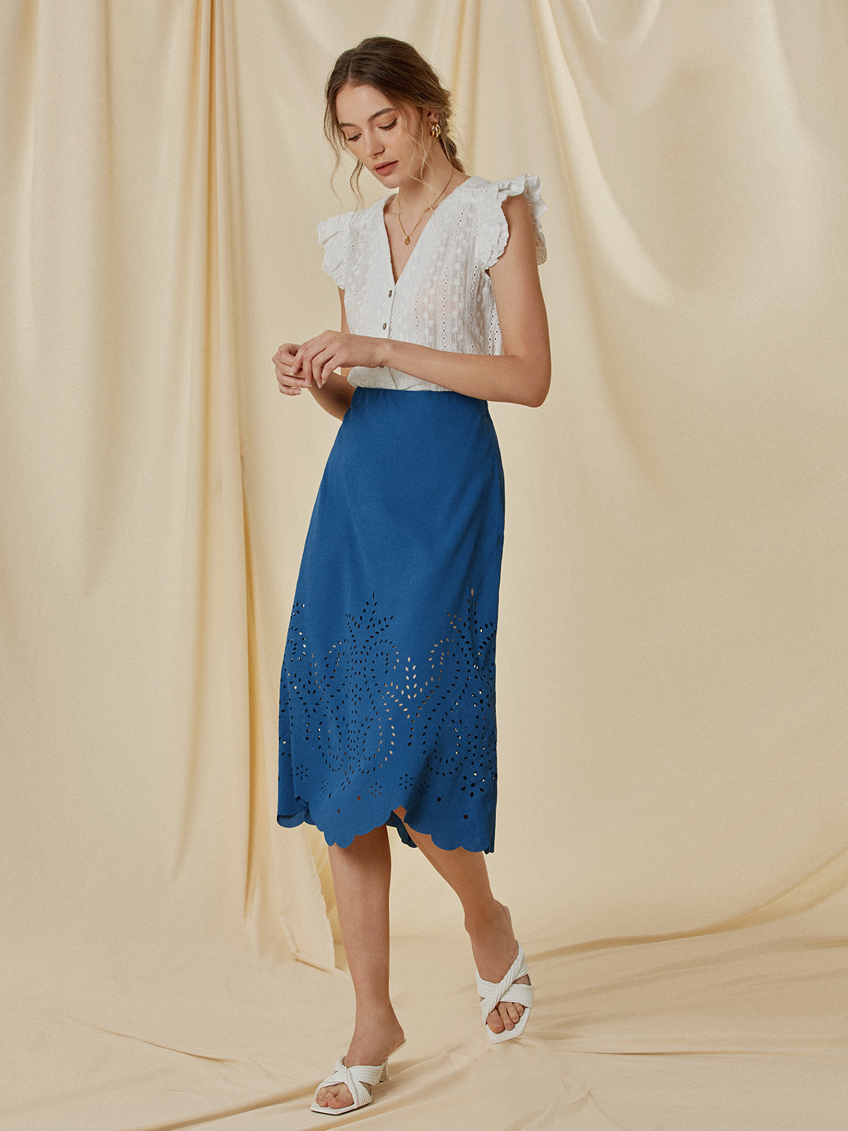 Thecomense - Eyelet High Waisted Midi Skirt