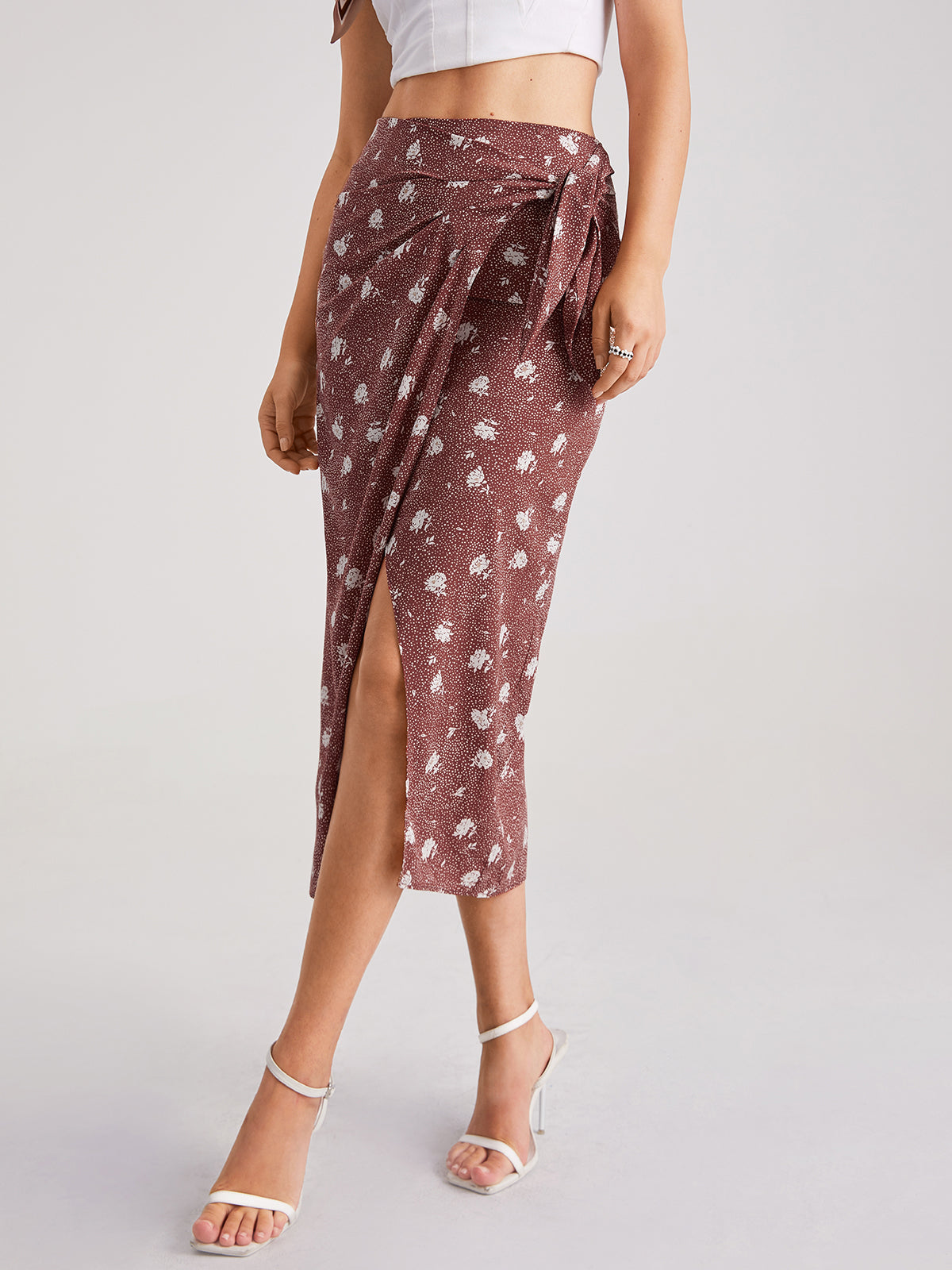Thecomense - High Waisted Floral Belted Slit Wrap Skirt