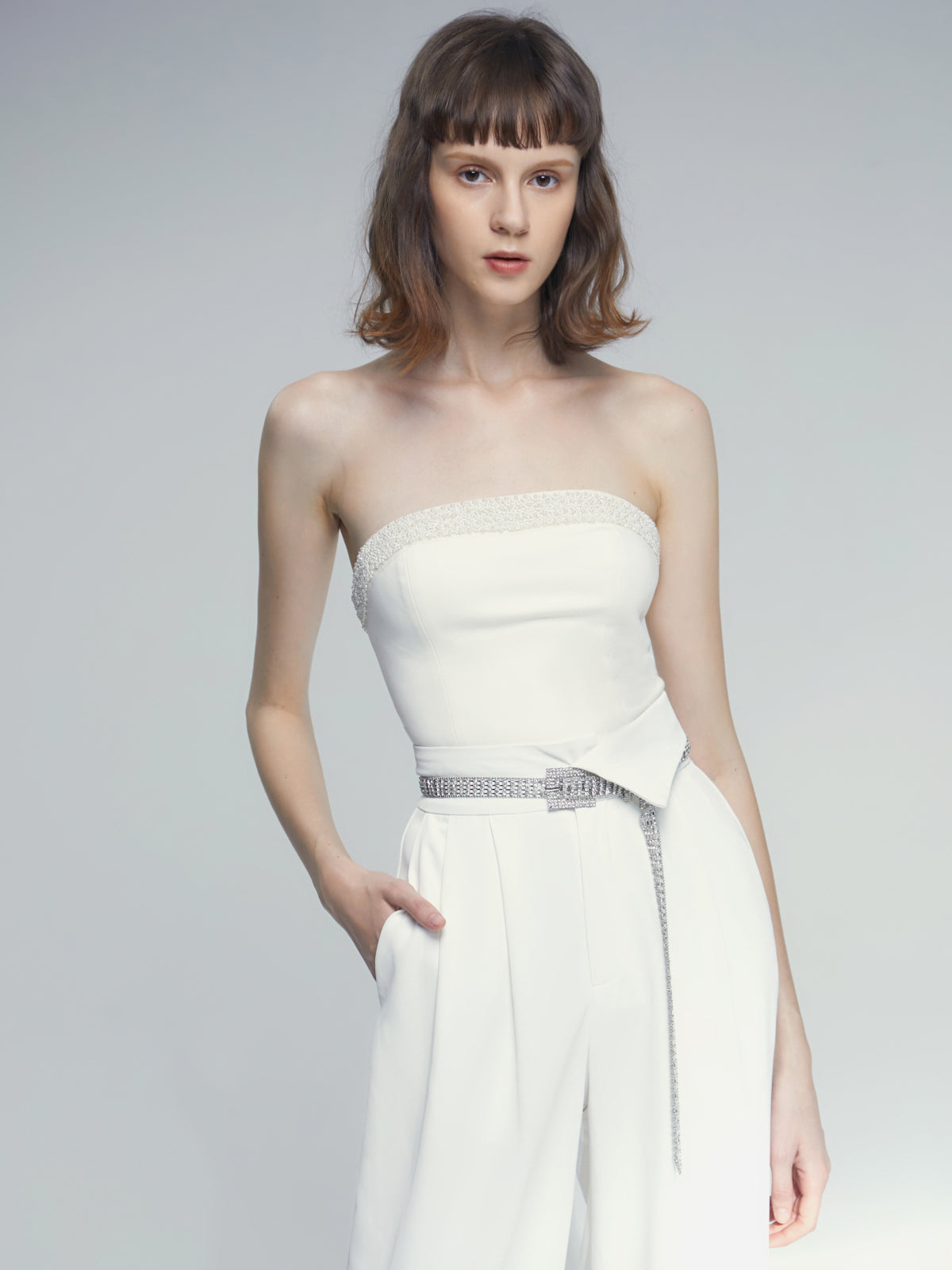 Thecomense - Straight Neck Strapless Top with Jewel Detail