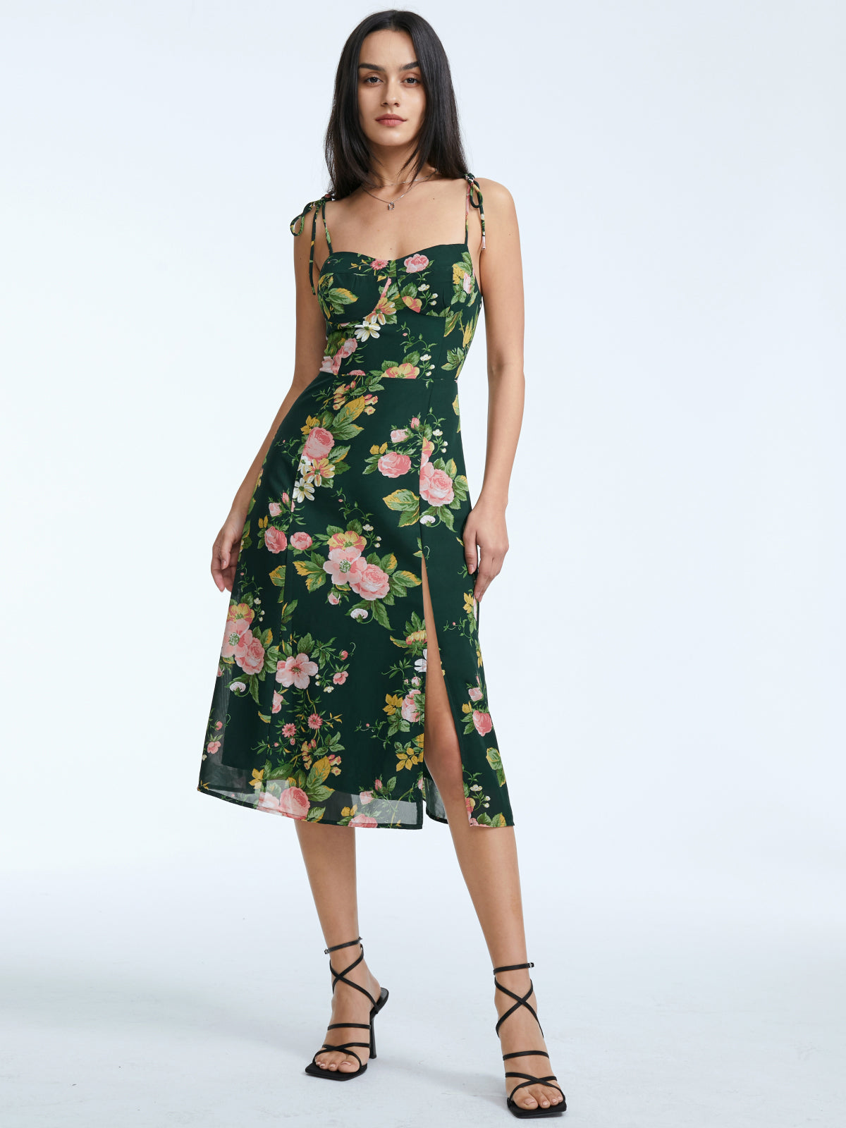 Thecomense - Floral Bloom Contour Midi Strap Dress