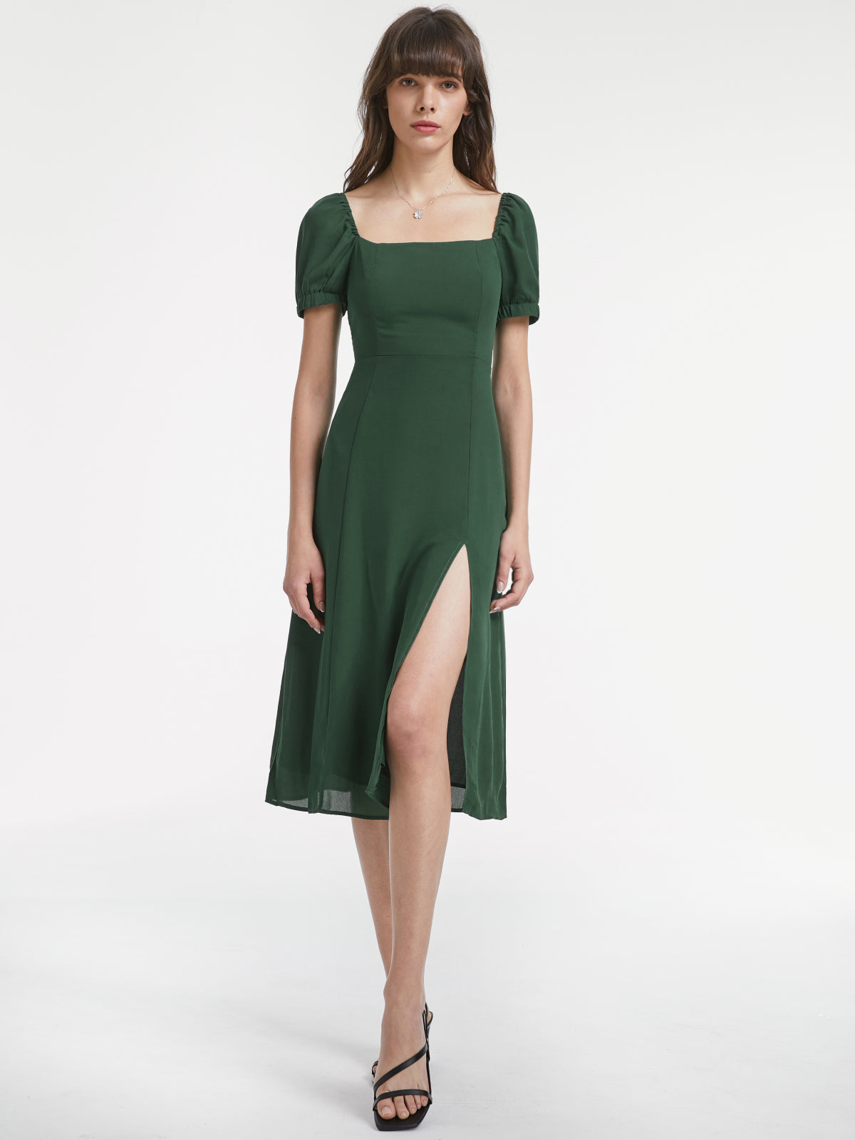 Thecomense - Gathered Dreams Emerald Green Slit Midi Dress