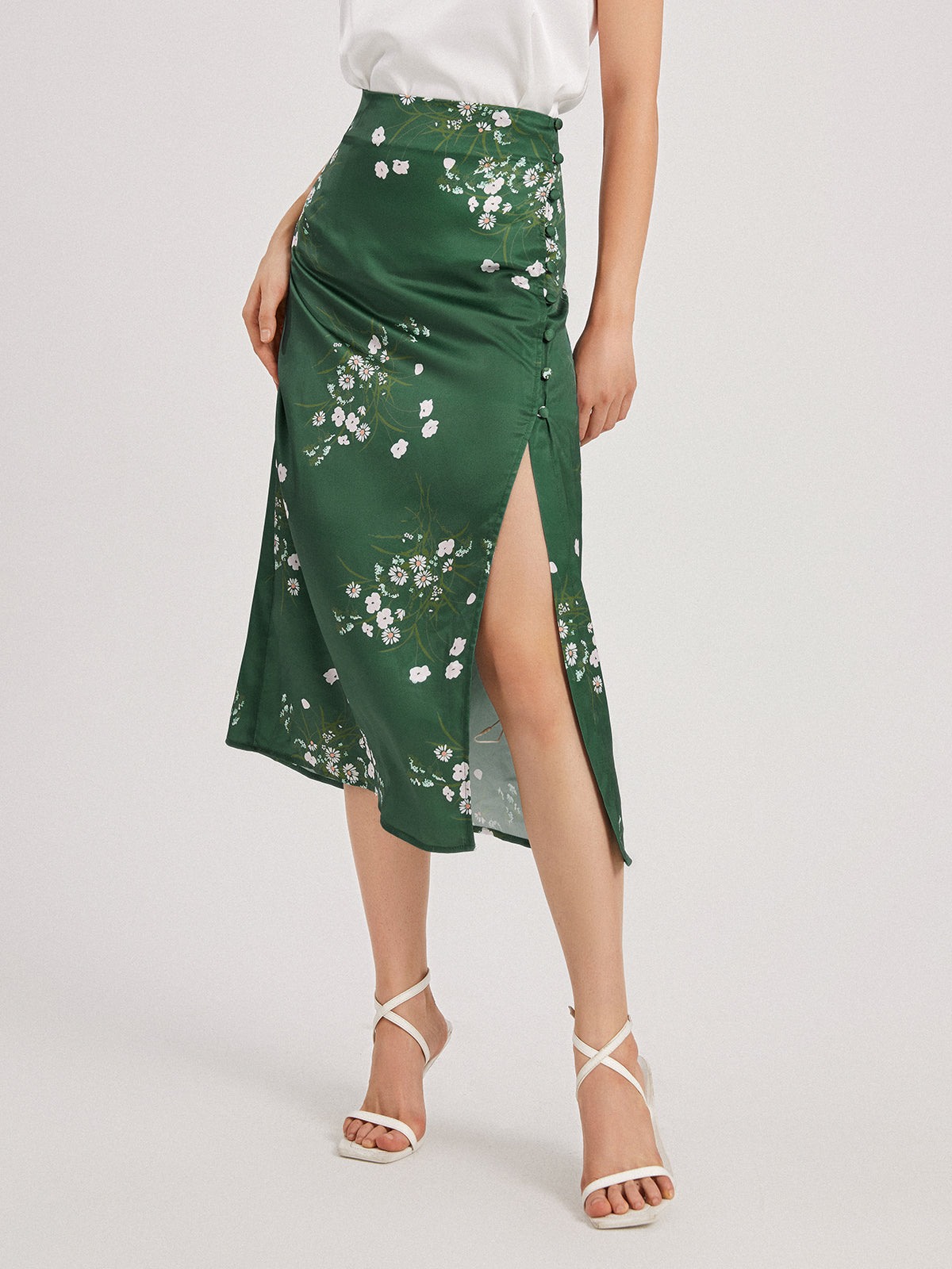Thecomense - Floral Forest Emerald Green Satin Slit Skirt