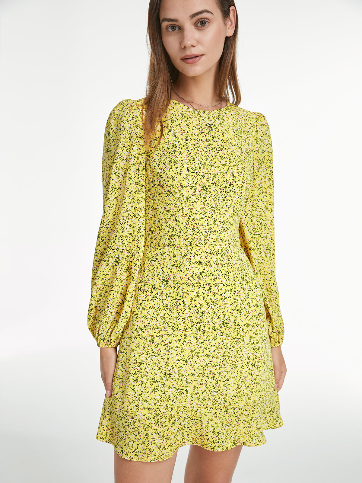 Thecomense - Long Puff Sleeve Straight Neck Back Cutout Floral Sun Dress