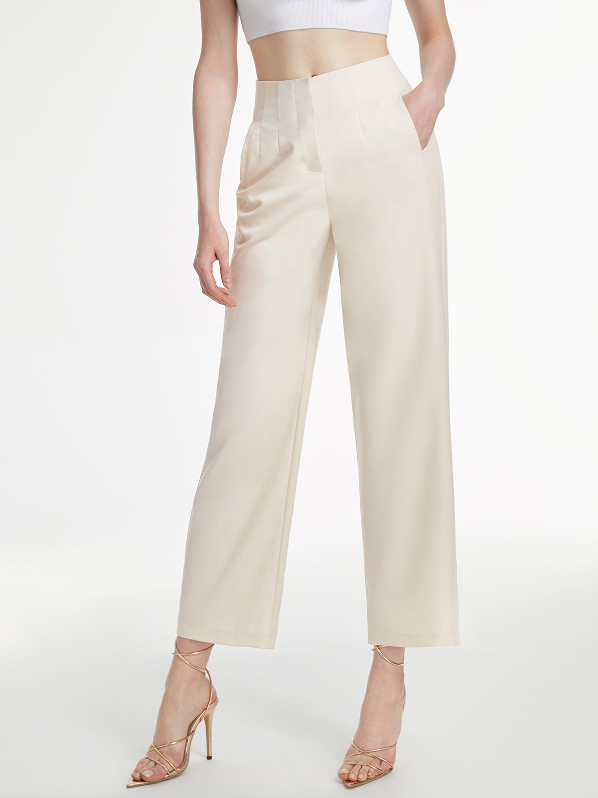 Thecomense - High Waisted Cropped Straight Leg Trousers