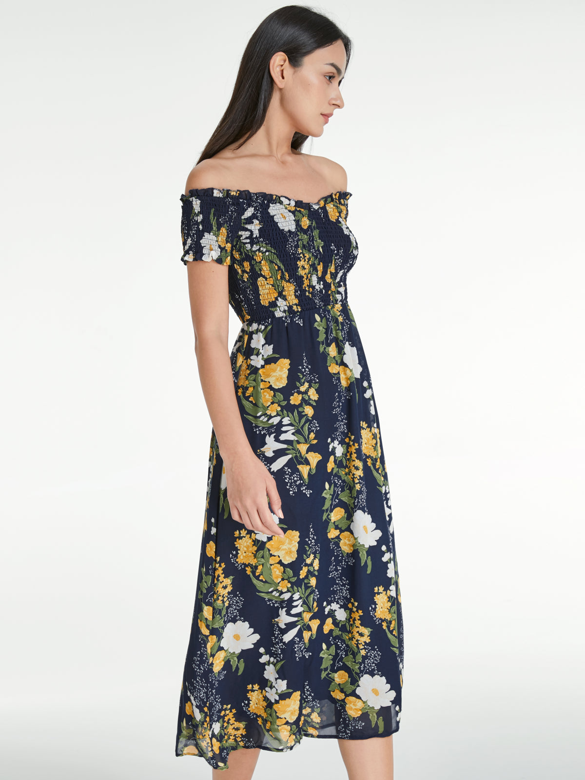 Thecomense - Off Shoulder Island Floral Ruffle Hem Mesh Midi Dress
