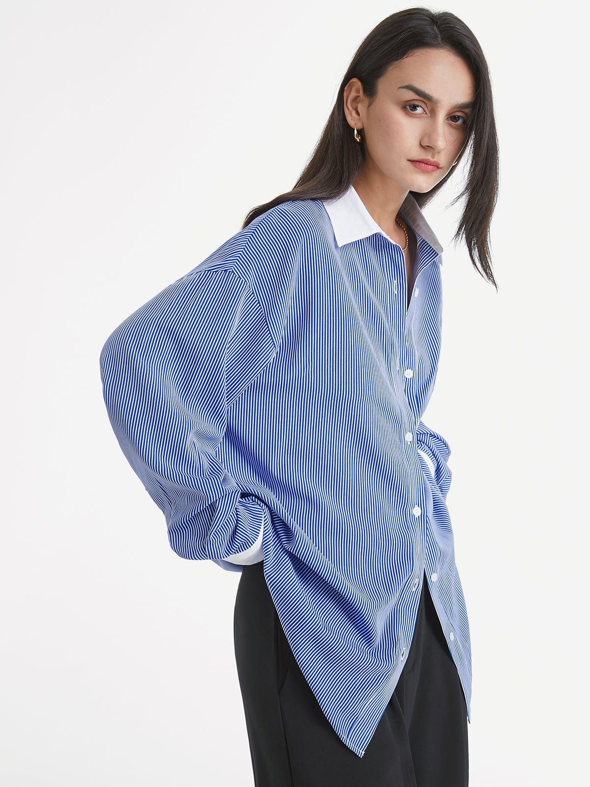 Thecomense - Striped Contrast Collar Cuff Oversized Dress Shirt