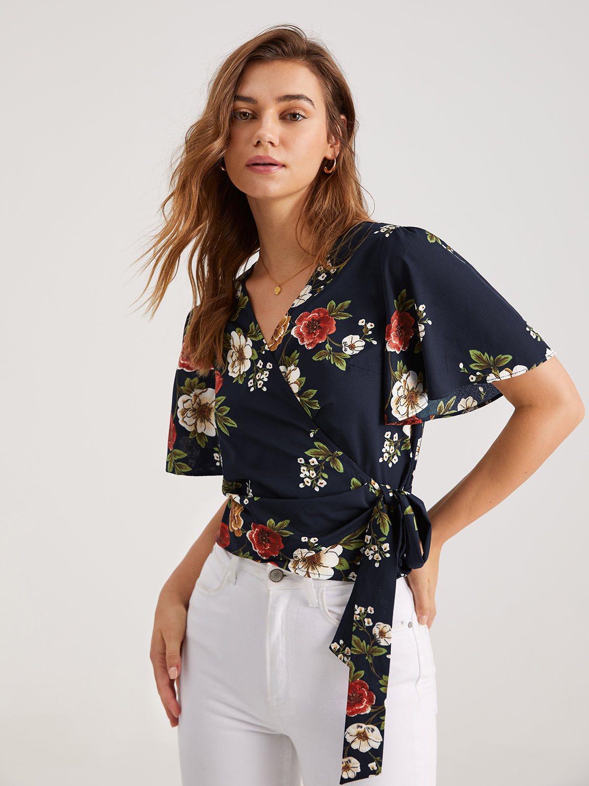 Thecomense - Floral V-Neck Side Tie Top