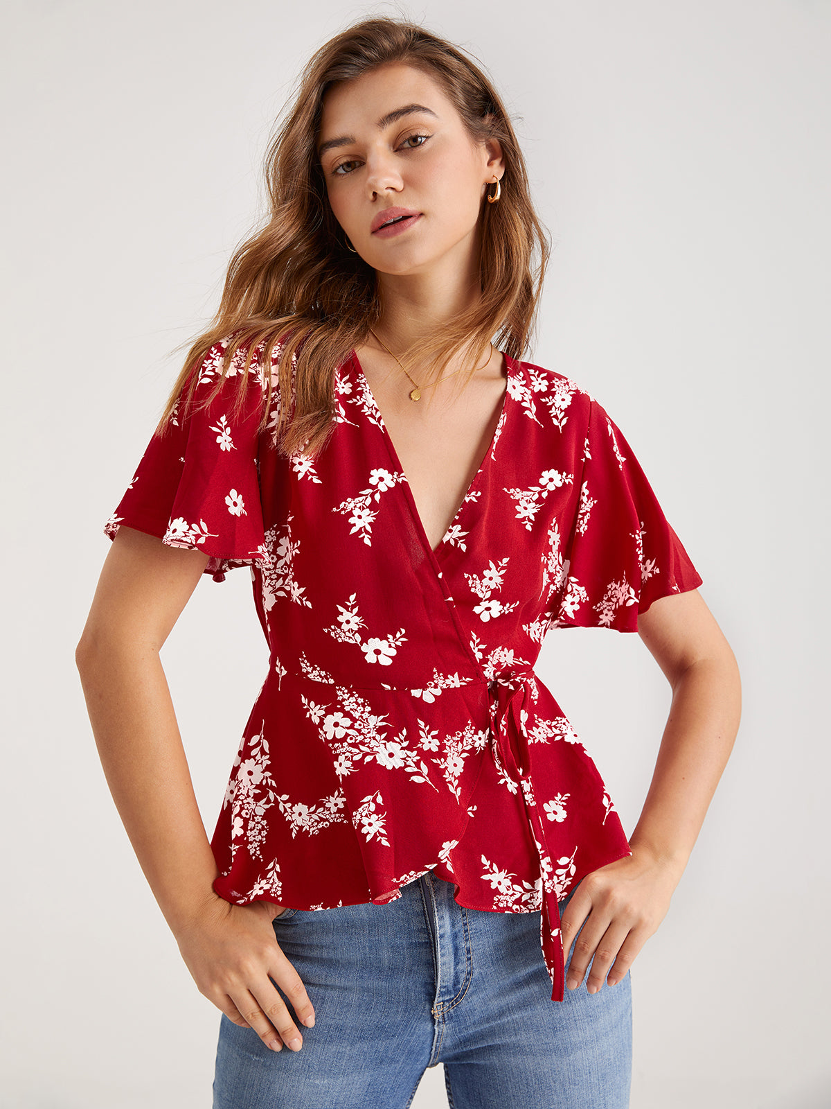 Thecomense - V-Neck Floral Wrap Tie Top