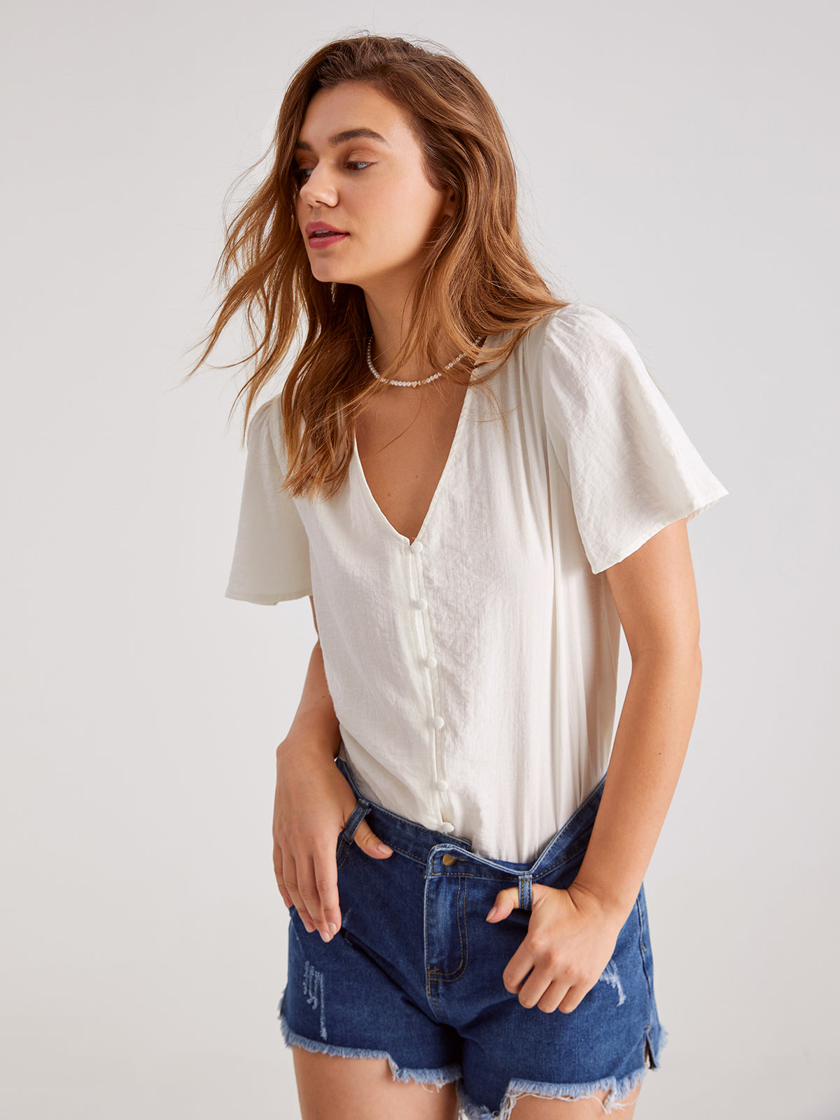 Thecomense - Basic Linen V-Neck T-Shirt