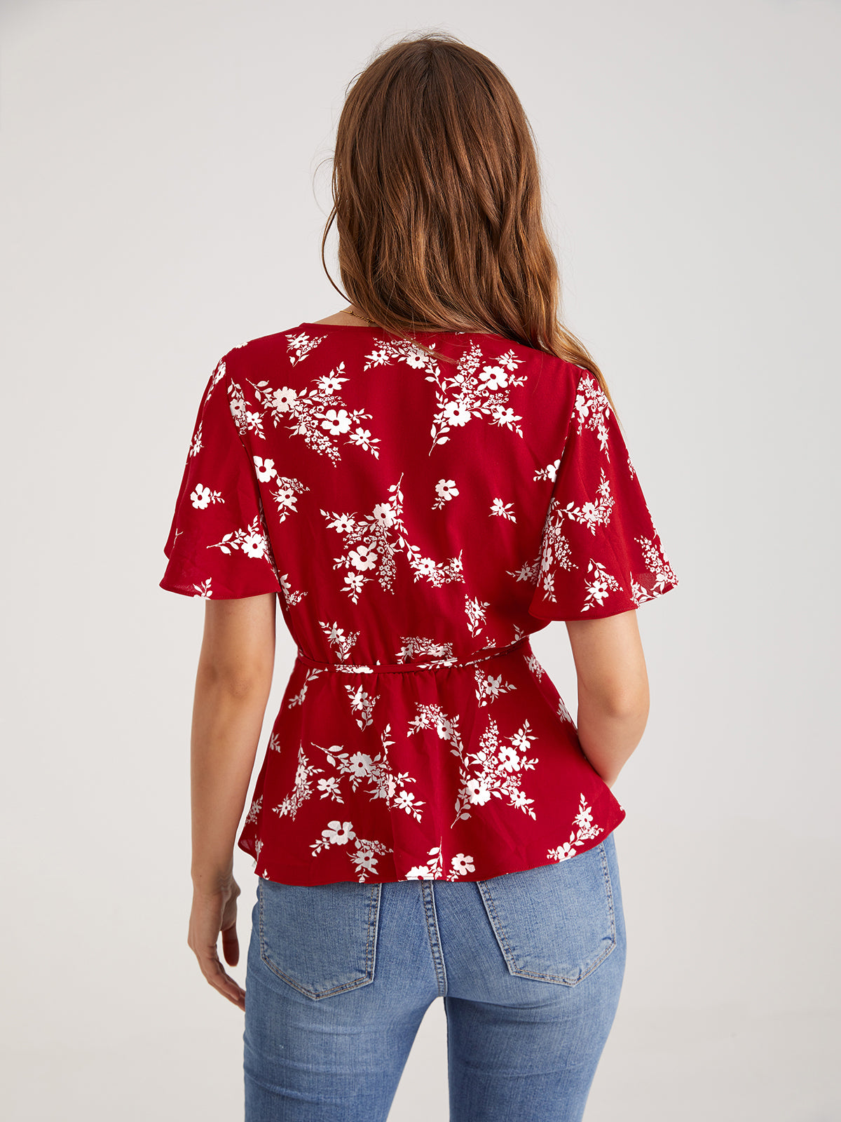 Thecomense - V-Neck Floral Wrap Tie Top