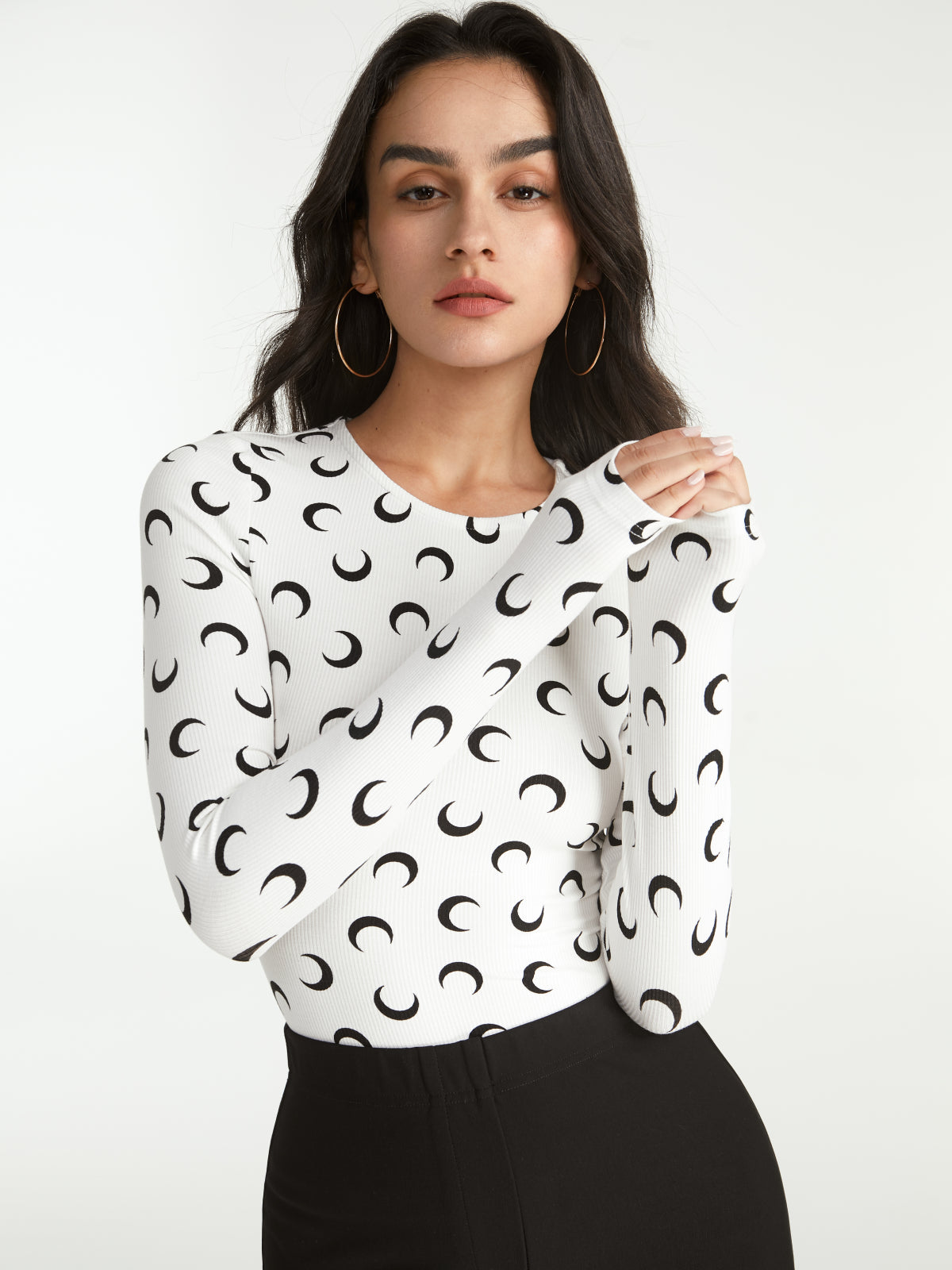 Thecomense - Crescent Moon Long Sleeve Stretch Top